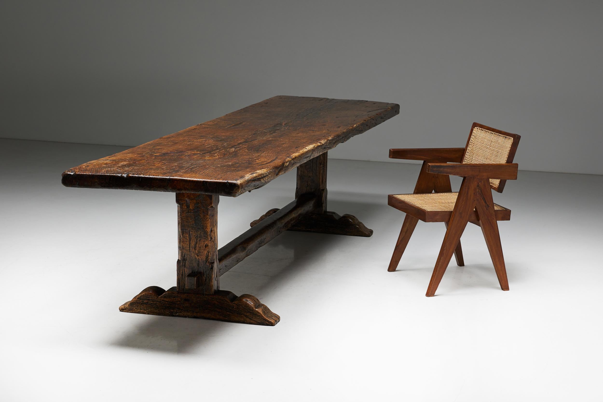 Wood Brutalist Rustic Dining Table, France, Early 20th Century For Sale