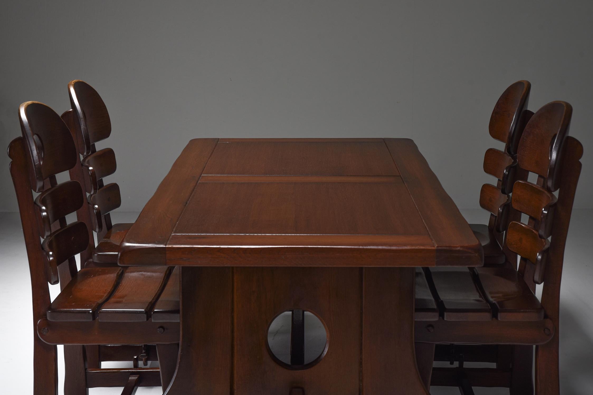 Brutalist Rustic Modern Dining Set in Stained Oak, 1970s For Sale 16