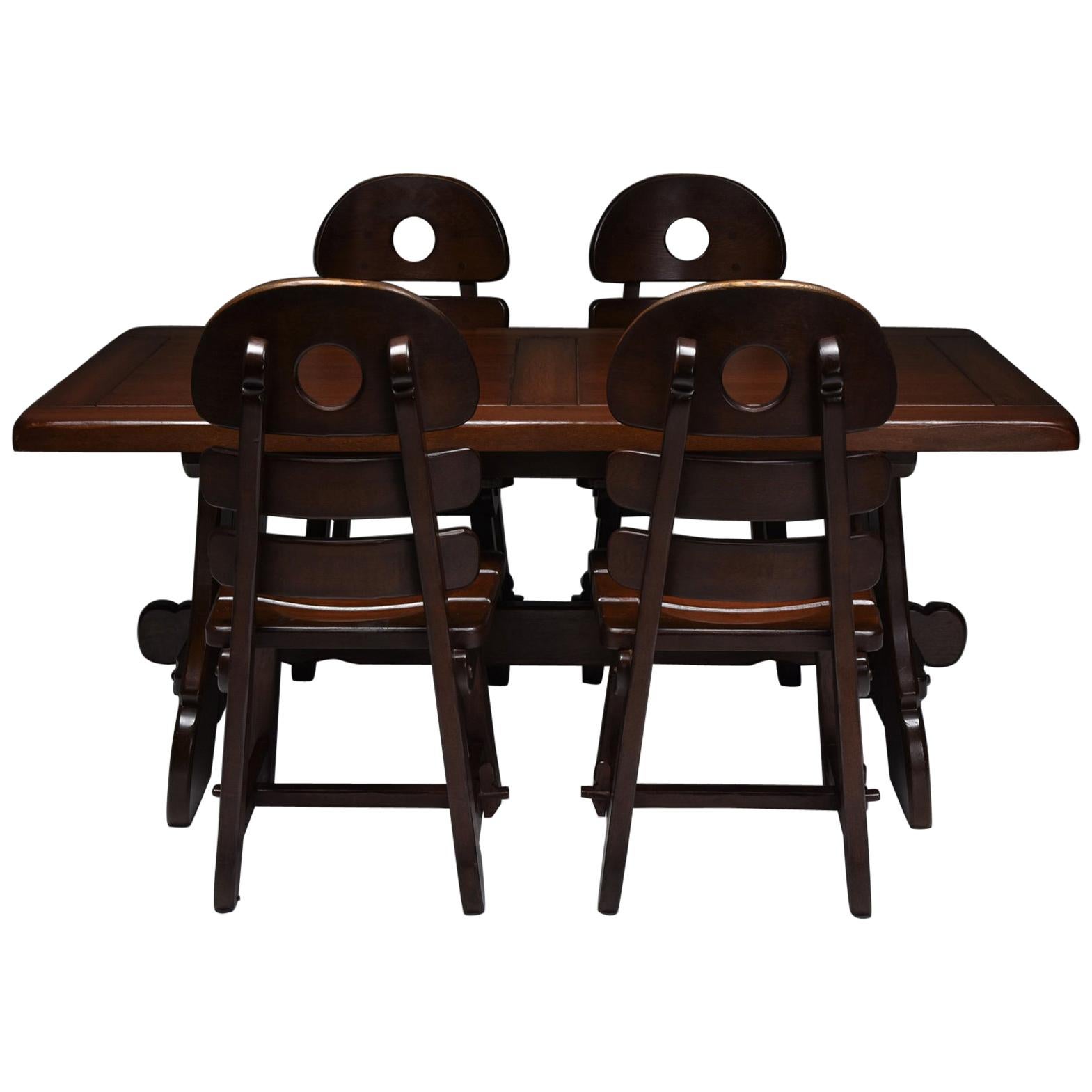 Brutalist Rustic Modern Dining Set in Stained Oak