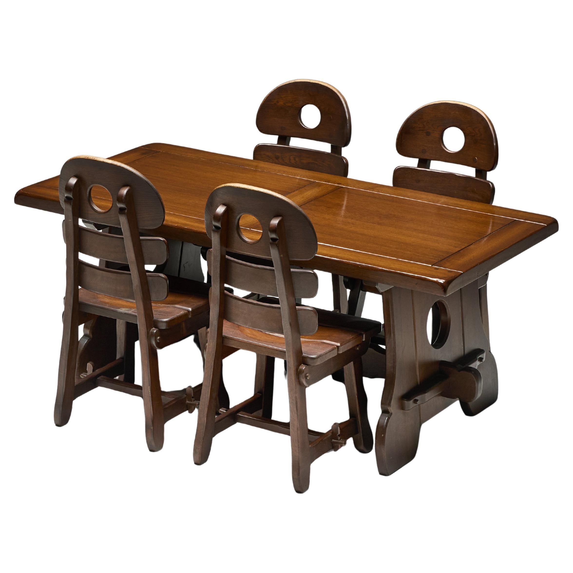 Brutalist Rustic Modern Dining Set in Stained Oak, Spain, 1970s