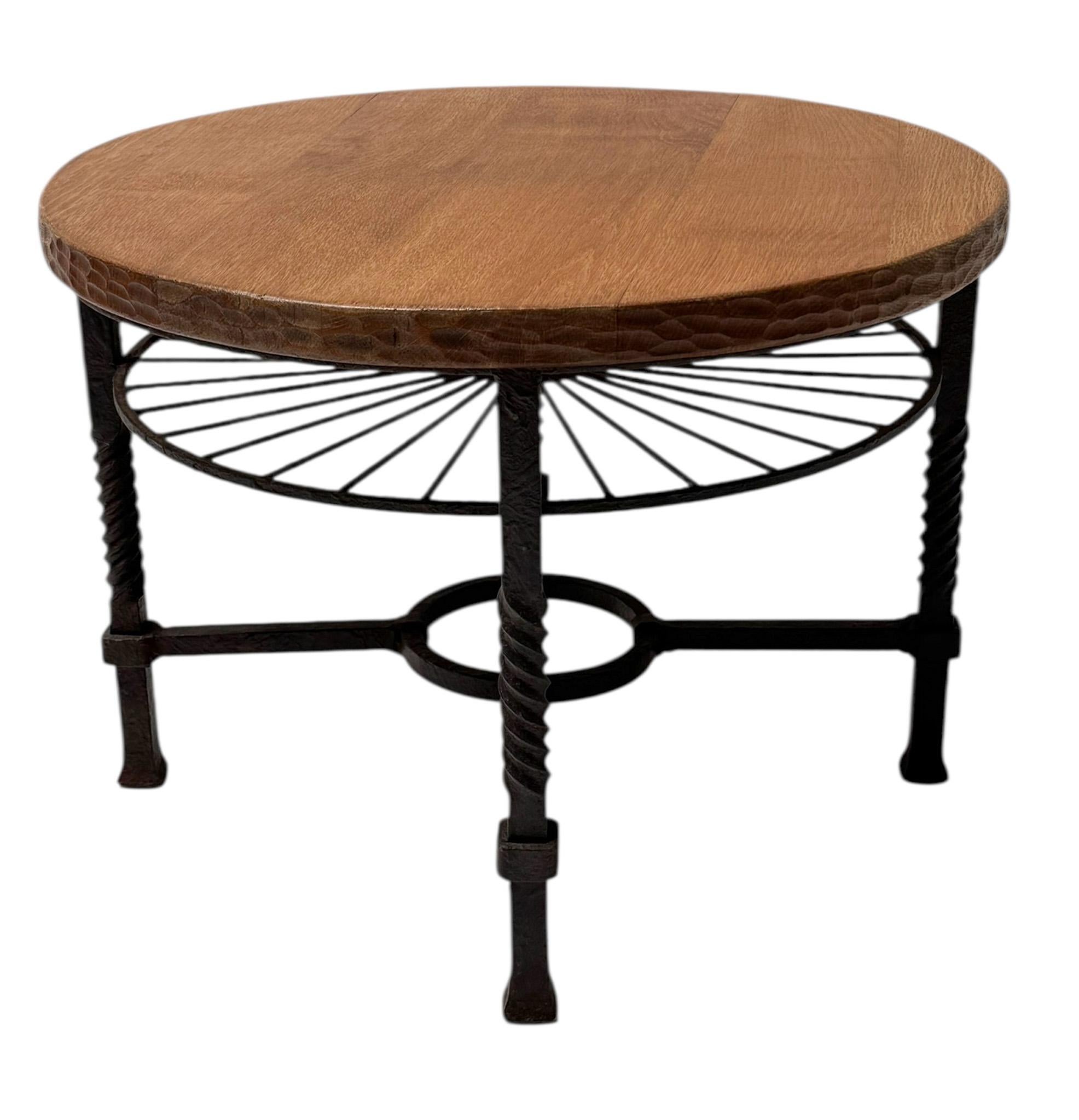 French Brutalist Rustic Oak and Iron Cocktail Table, 1960s For Sale