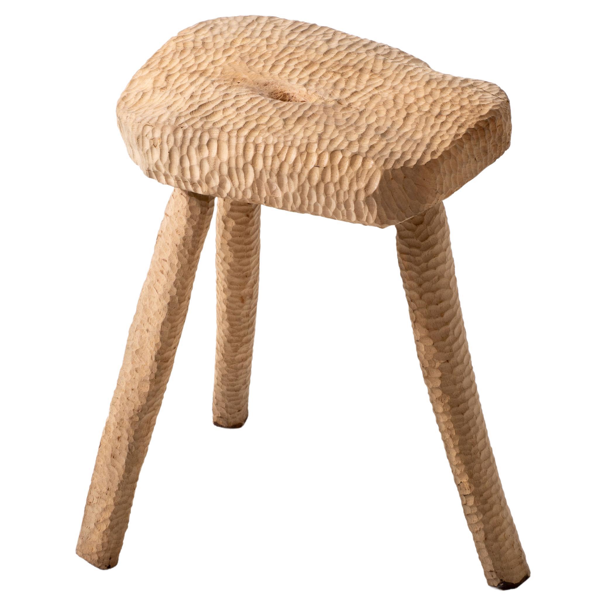 Brutalist Rustic Oak Tripod Milking Stool, French Craftsmanship, Gouge, 1950 For Sale