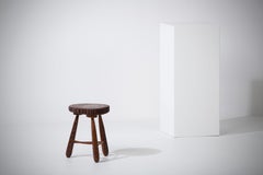Brutalist Rustic Oak Tripod Milking Stool, French Craftsmanship, Gouge, 1980