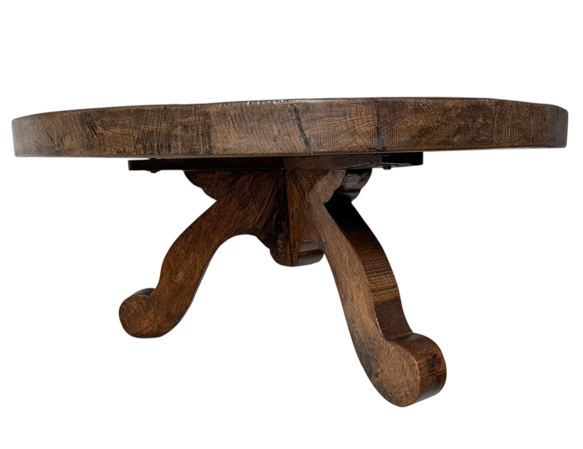 Oak Brutalist Rustic Wabi Sabi Round Coffee Table, 1970s