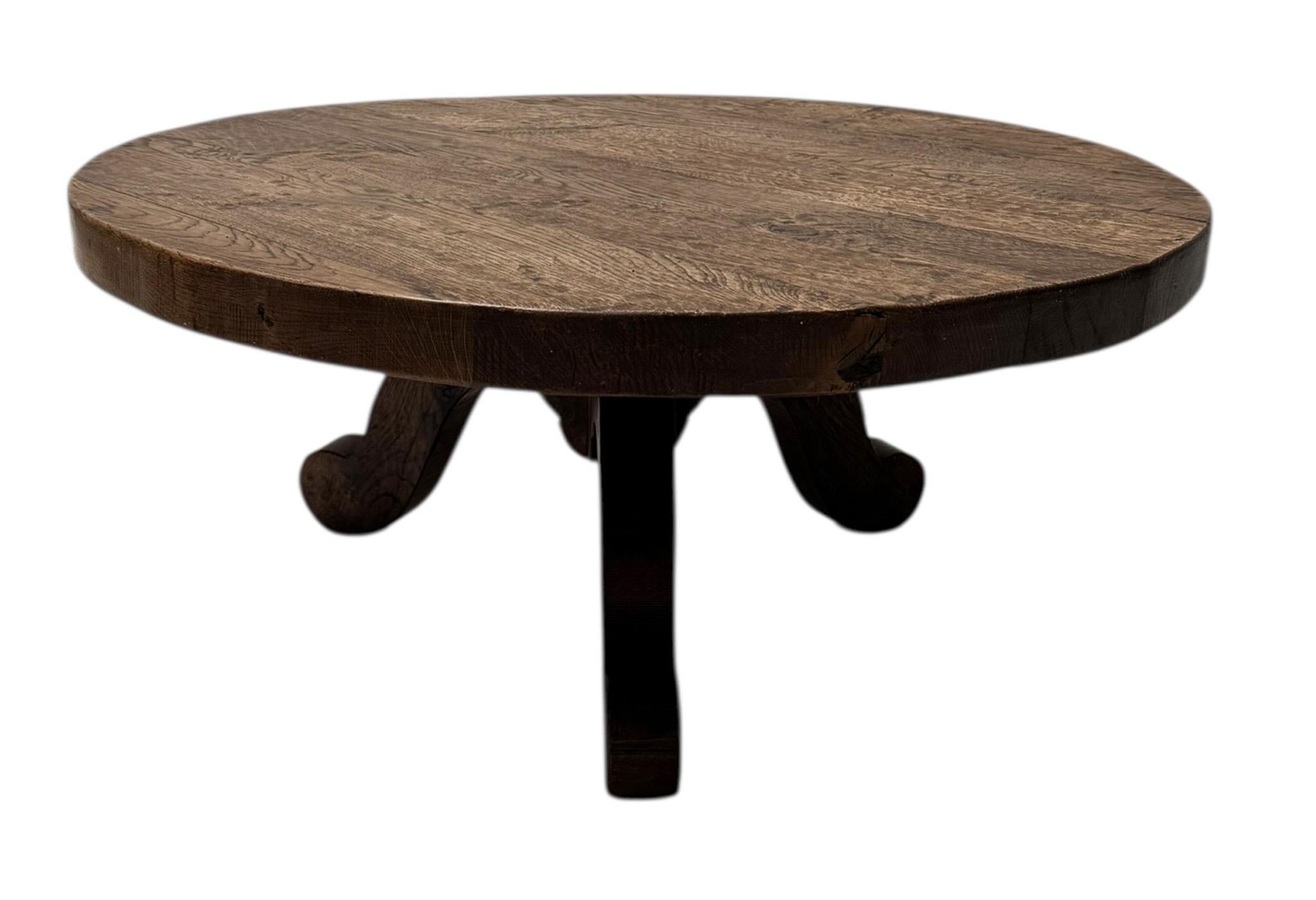 Oak Brutalist Rustic Wabi Sabi Round Coffee Table, 1970s For Sale