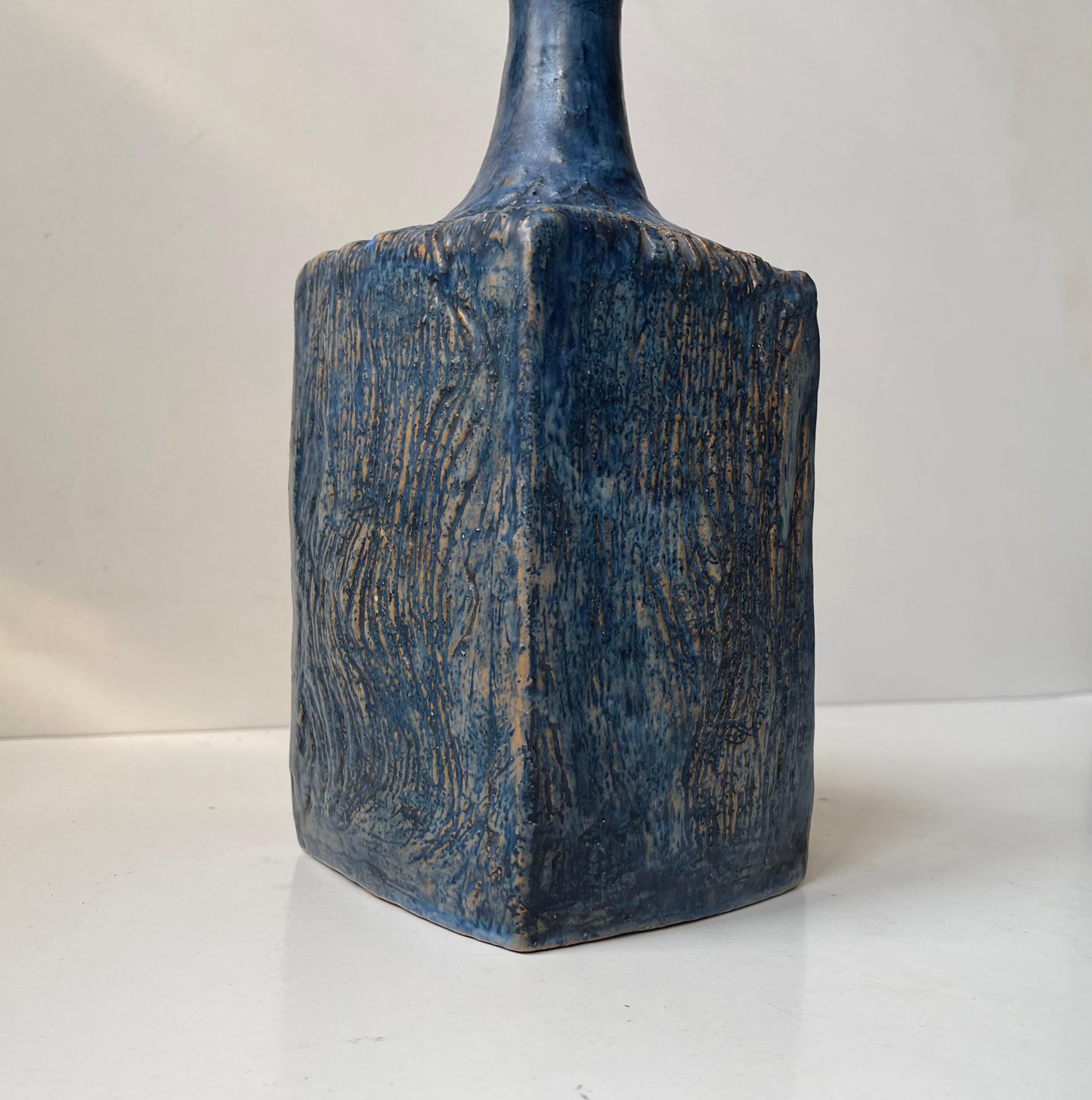 Glazed Brutalist Scandinavian Blue Stoneware Vase in the style of Annikki Hovisaari For Sale