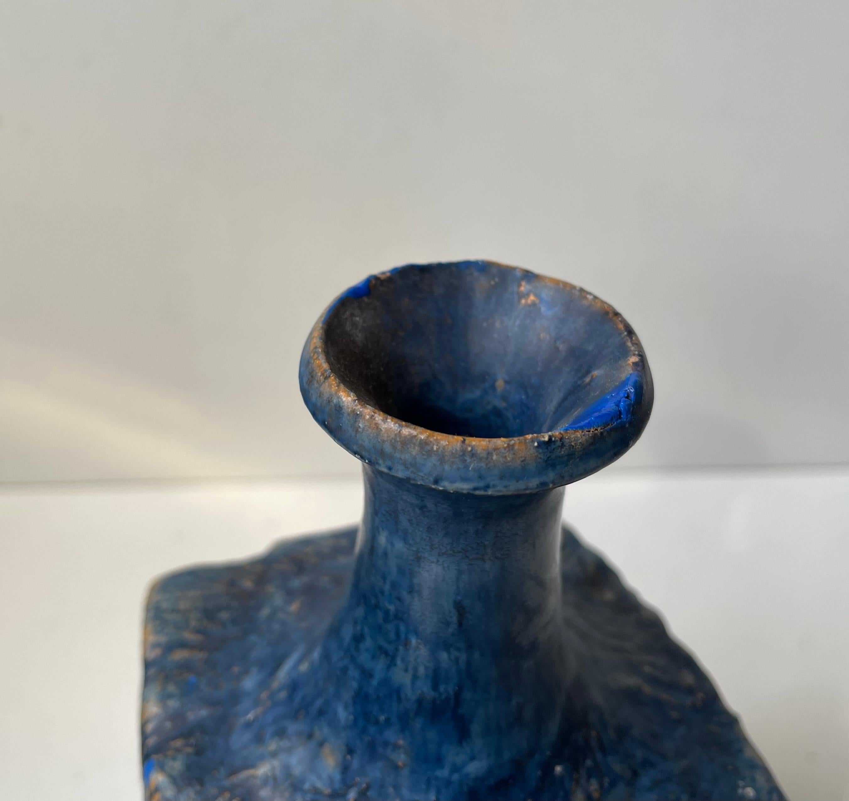 20th Century Brutalist Scandinavian Blue Stoneware Vase in the style of Annikki Hovisaari For Sale