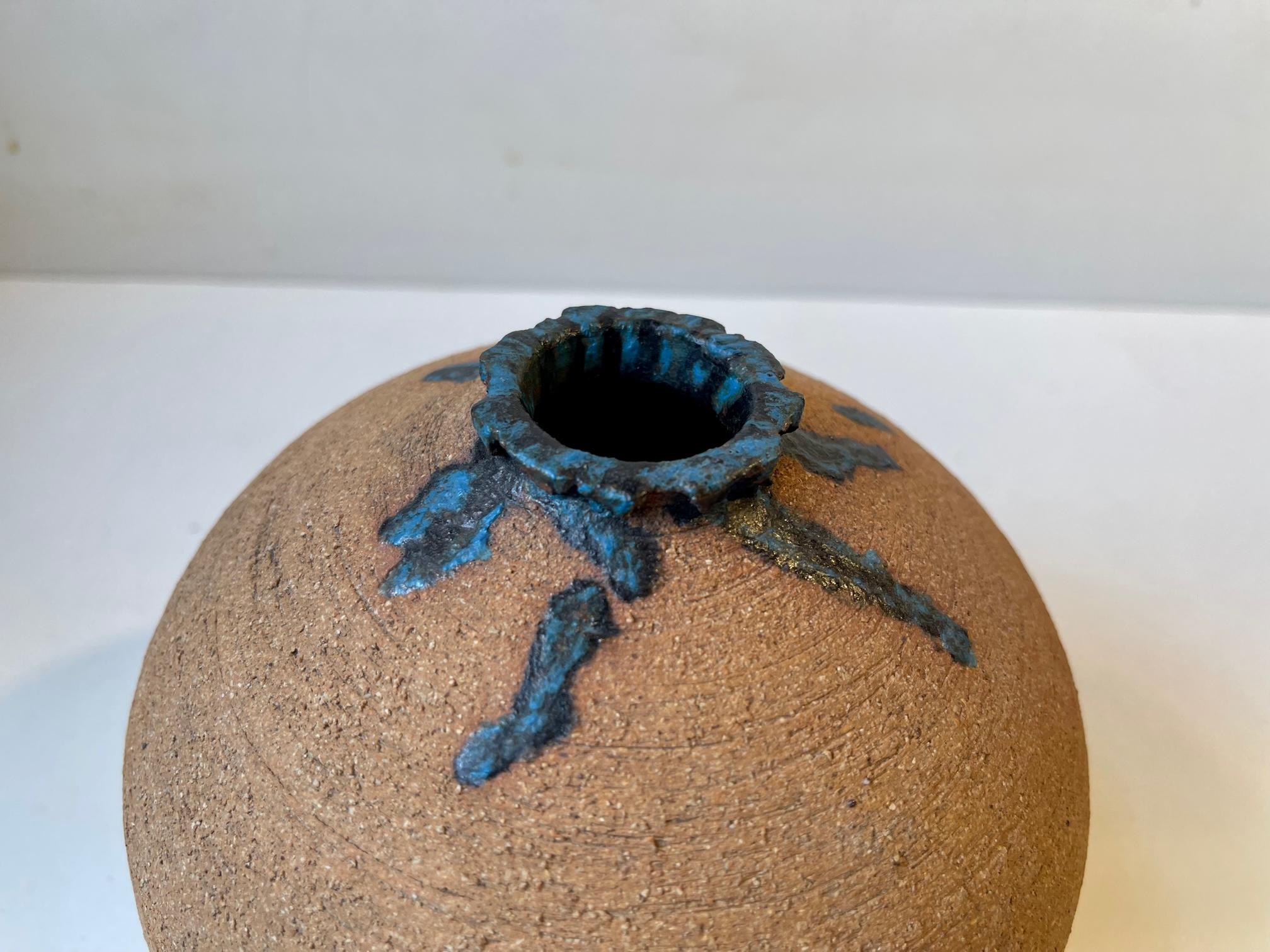 Brutalist Scandinavian Ceramic Vase with Blue Drip Glaze For Sale 2