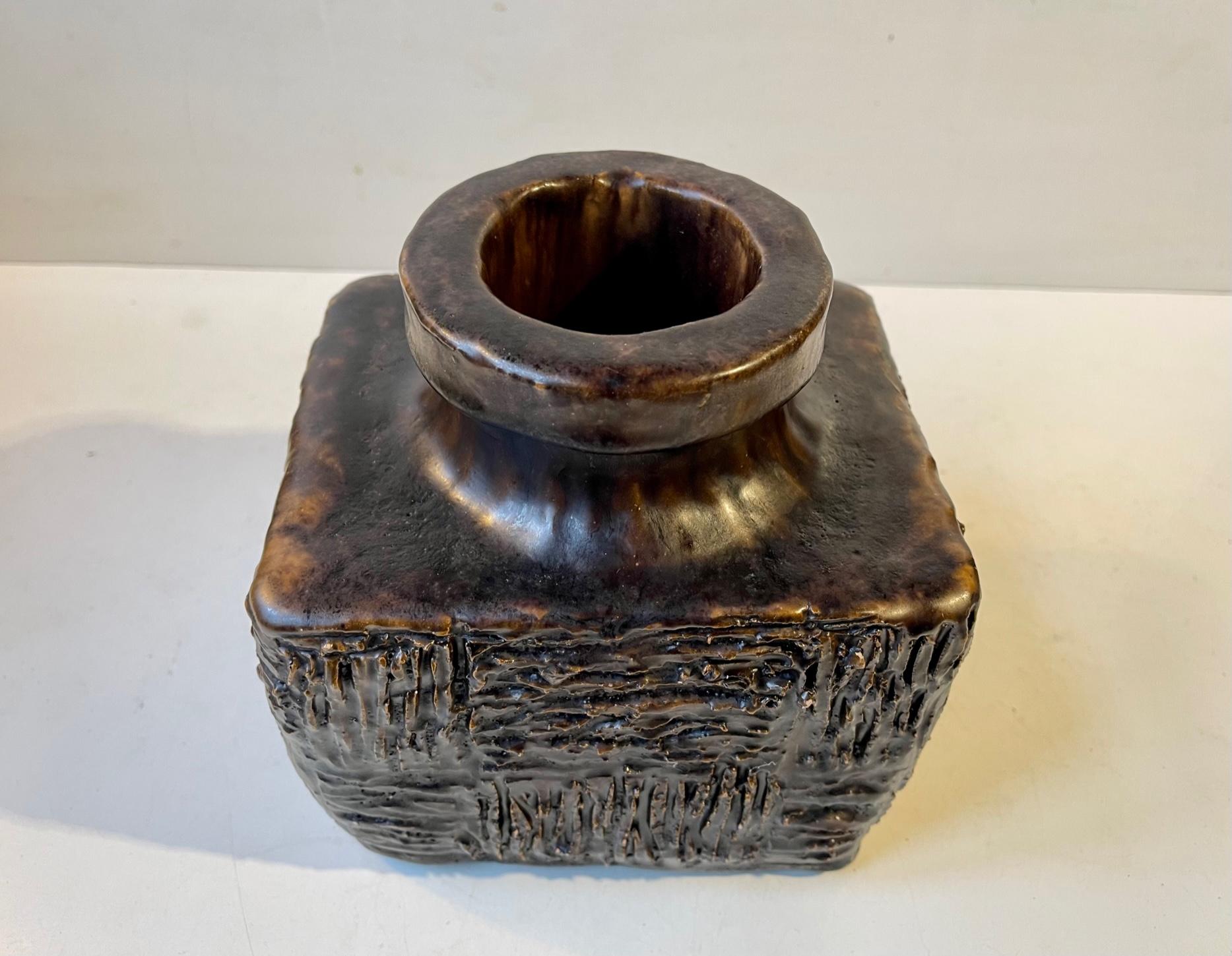 Glazed Brutalist Scandinavian Stoneware Vase with Brown Fat Lava Glaze, 1970s For Sale