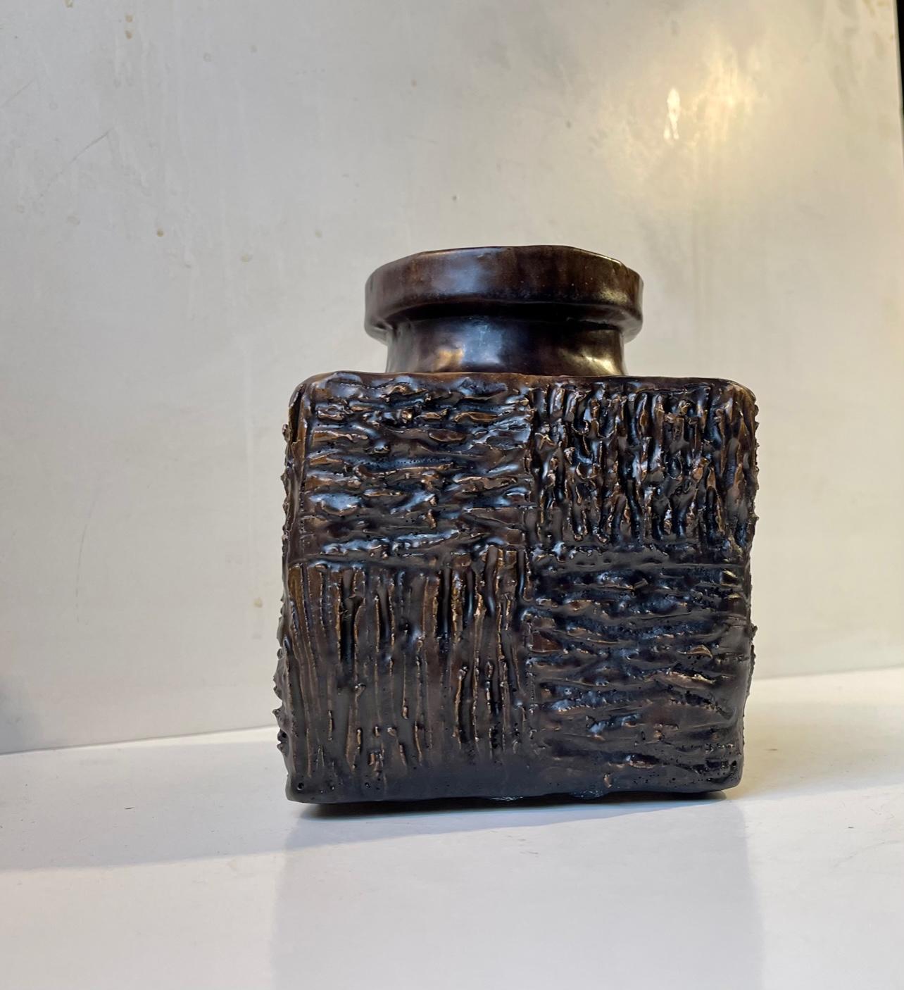 Late 20th Century Brutalist Scandinavian Stoneware Vase with Brown Fat Lava Glaze, 1970s For Sale