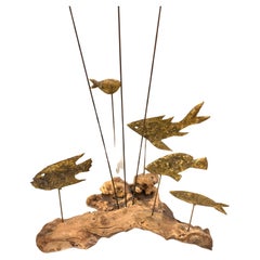 Brutalist School of Fish Brass & Burlwood Sculpture in the Style of Curtis Jere
