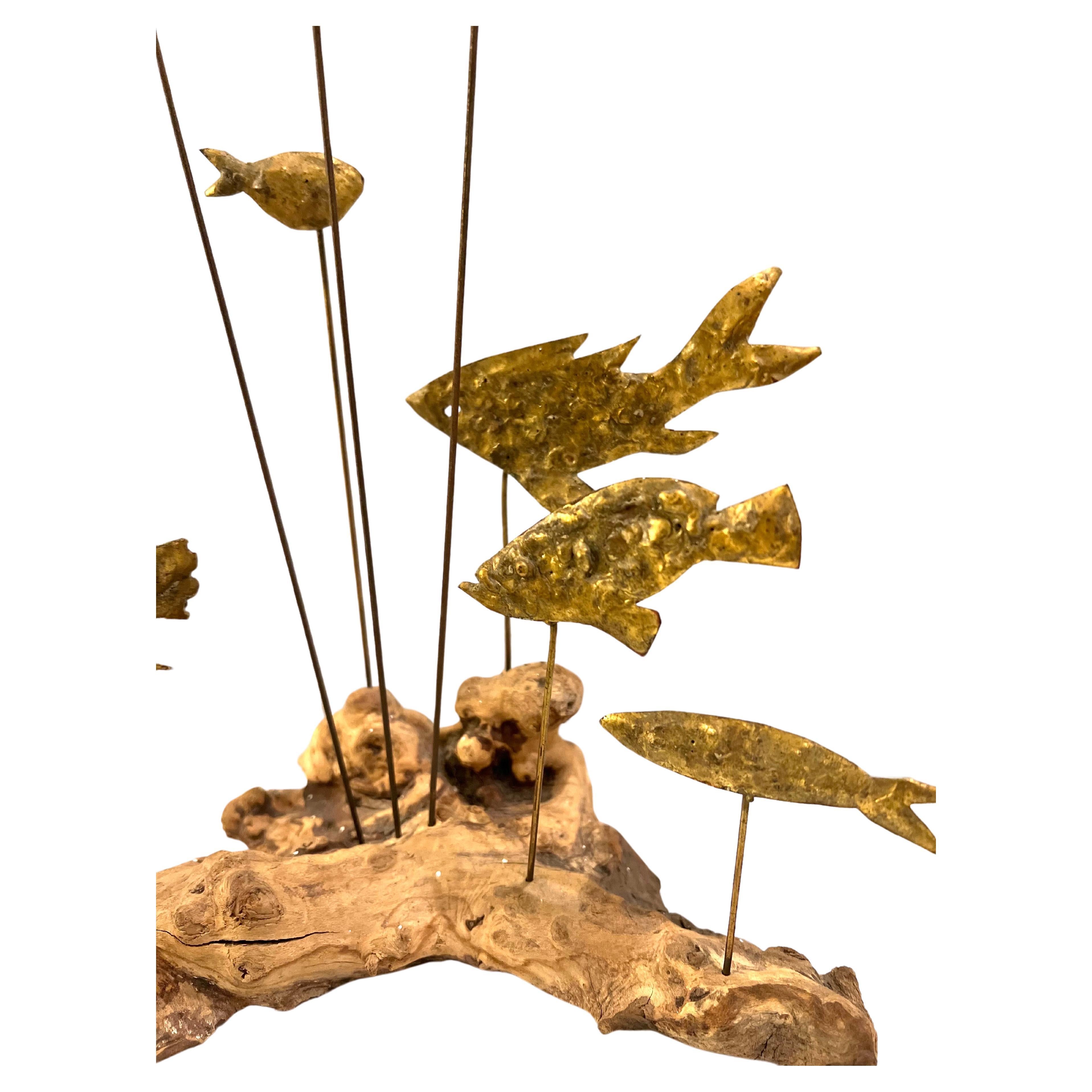 American Brutalist School of Fish Brass & Burlwood Sculpture in the Style of Curtis Jere For Sale