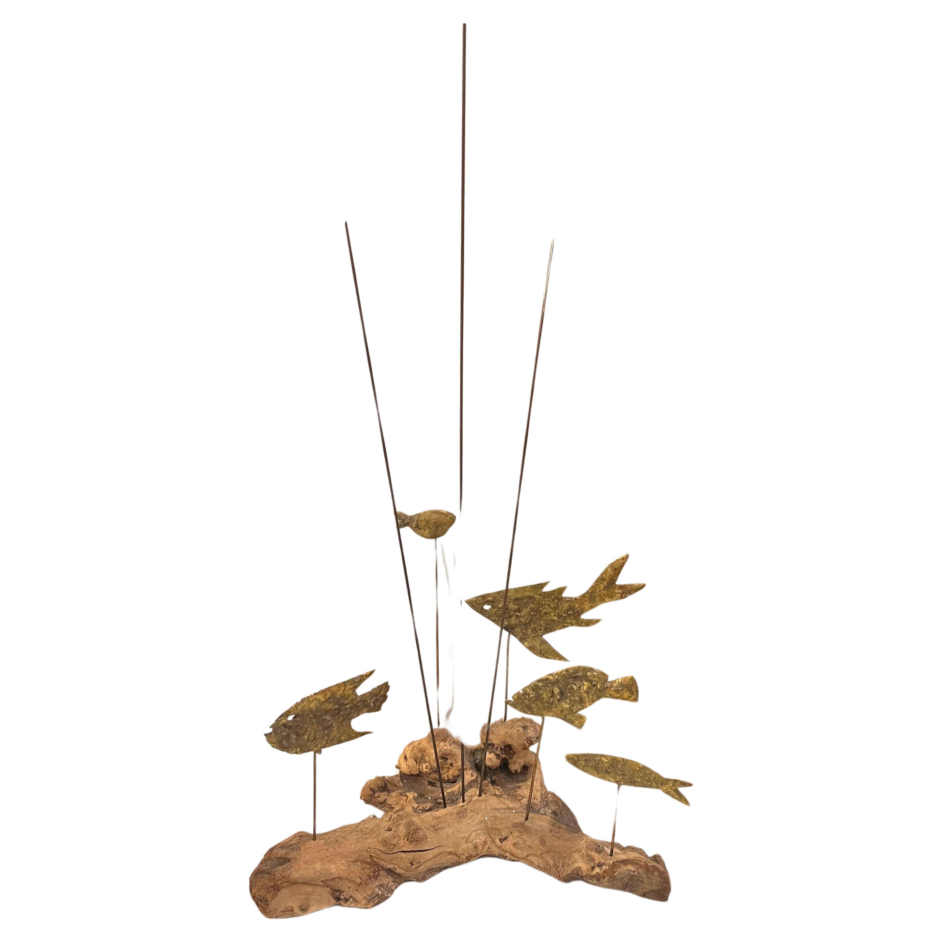 Brutalist School of Fish Brass & Burlwood Sculpture in the Style of Curtis Jere For Sale