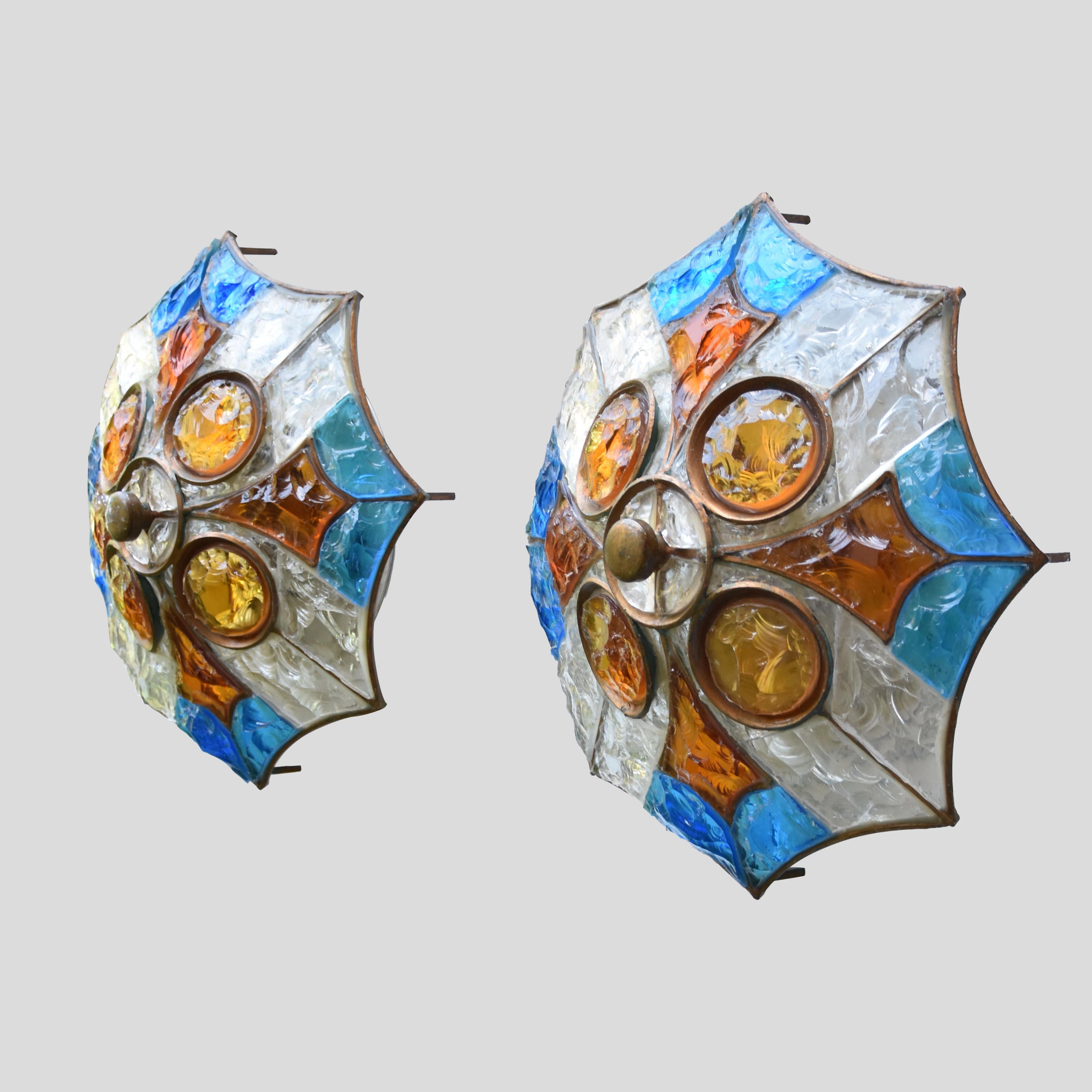 Brutalist Sconce or Flash Ceiling Light Blue Amber Clear by Longobard Italy In Good Condition For Sale In London, GB