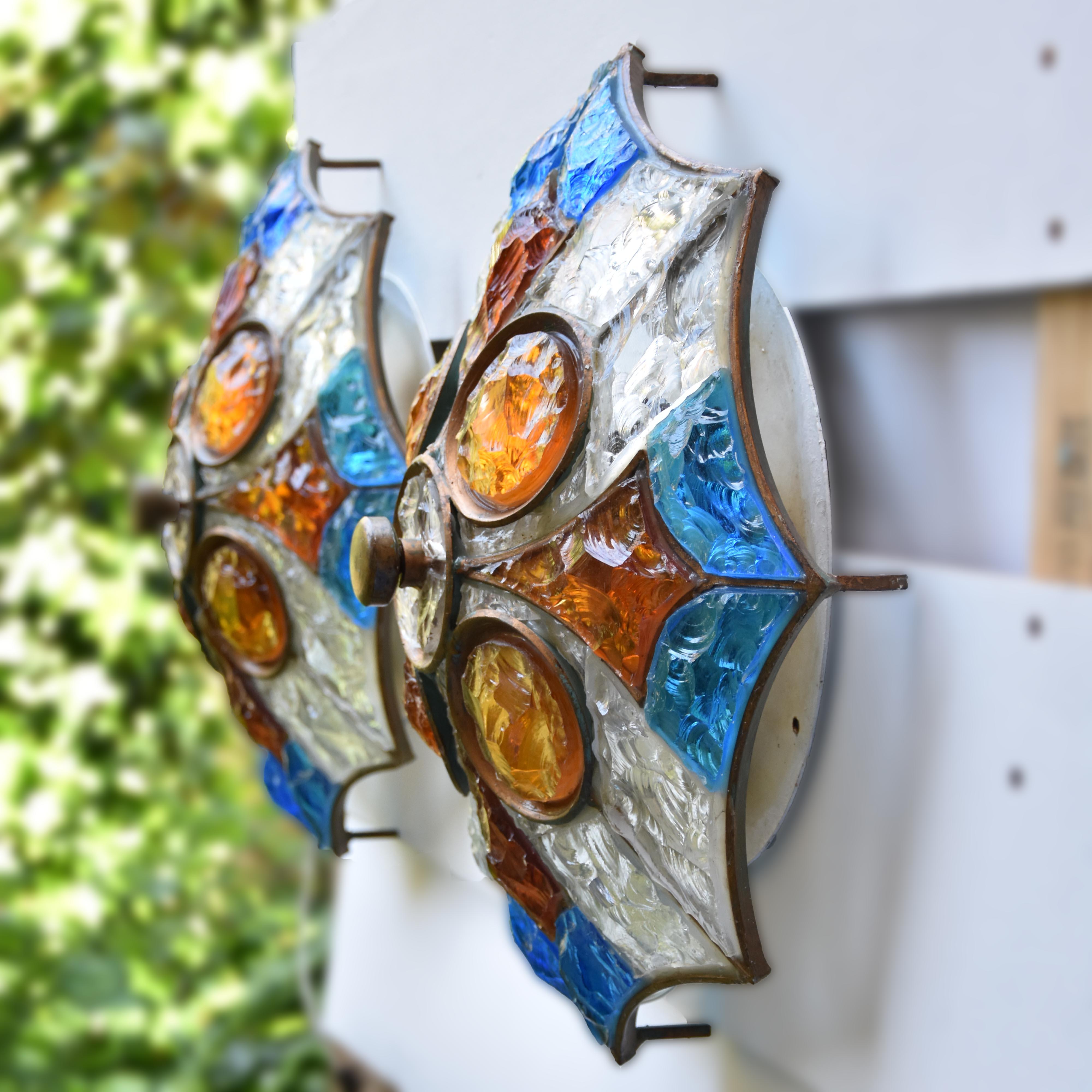 Glass Brutalist Sconce or Flash Ceiling Light Blue Amber Clear by Longobard Italy For Sale
