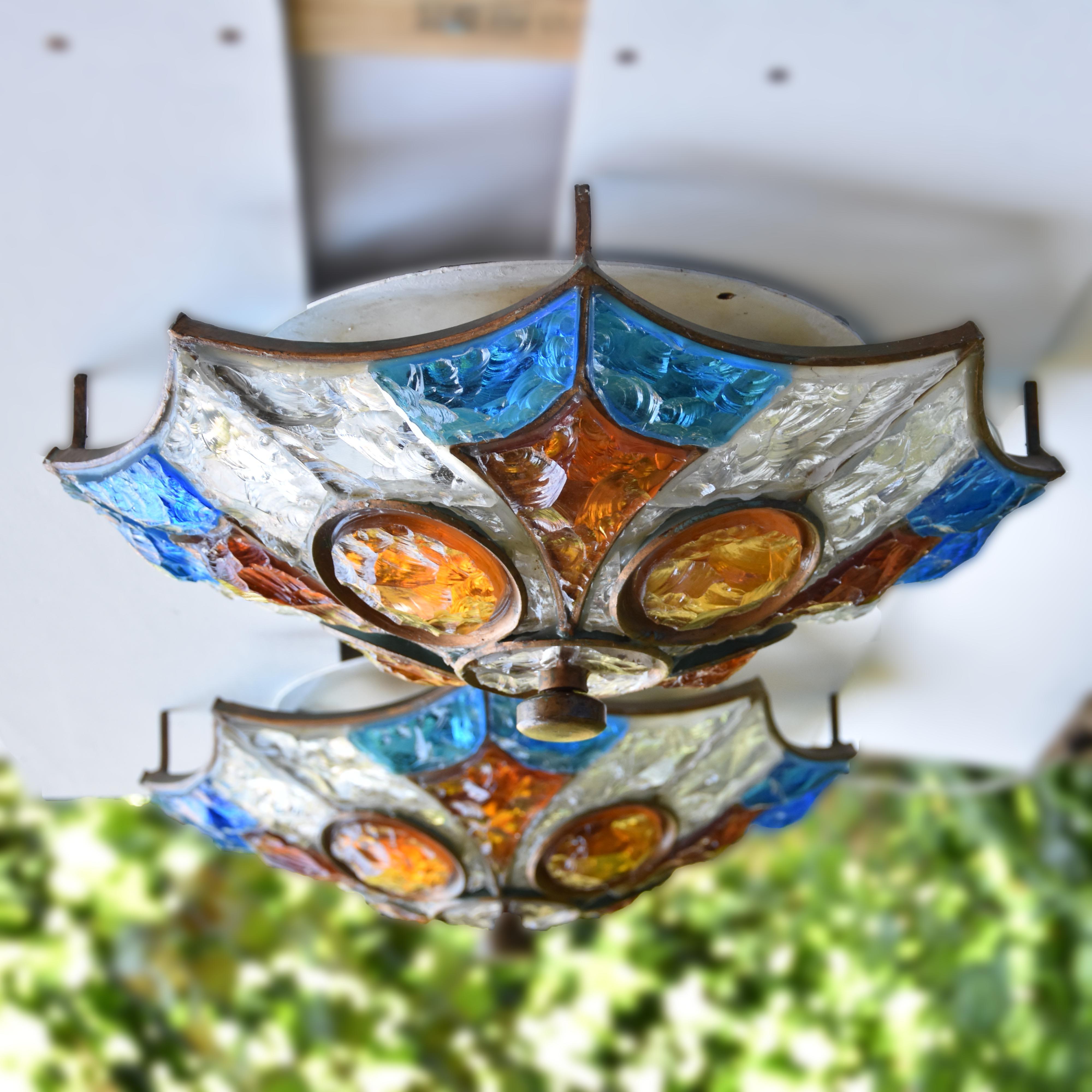 Brutalist Sconce or Flash Ceiling Light Blue Amber Clear by Longobard Italy For Sale 1