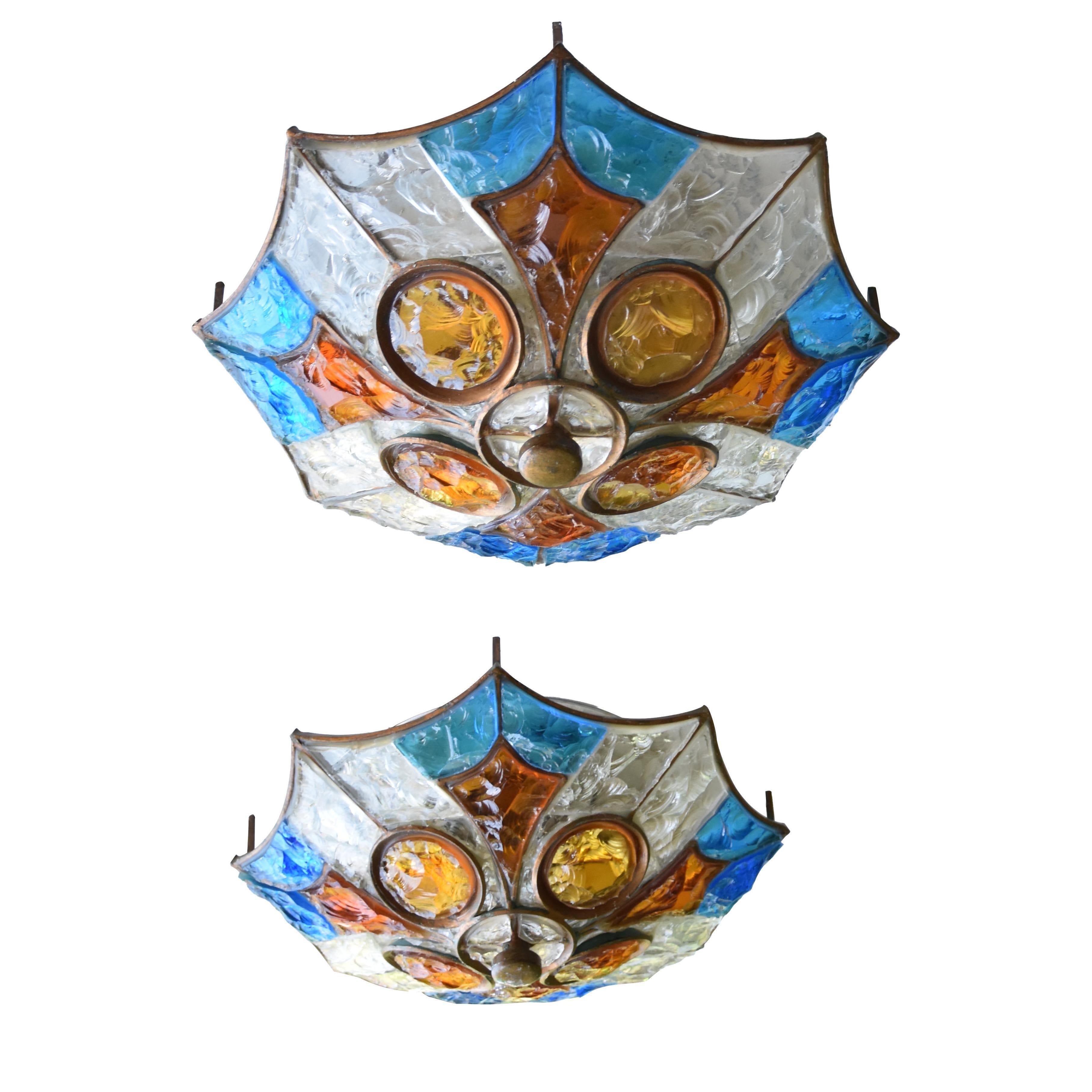 Brutalist Sconce or Flash Ceiling Light Blue Amber Clear by Longobard Italy For Sale 2