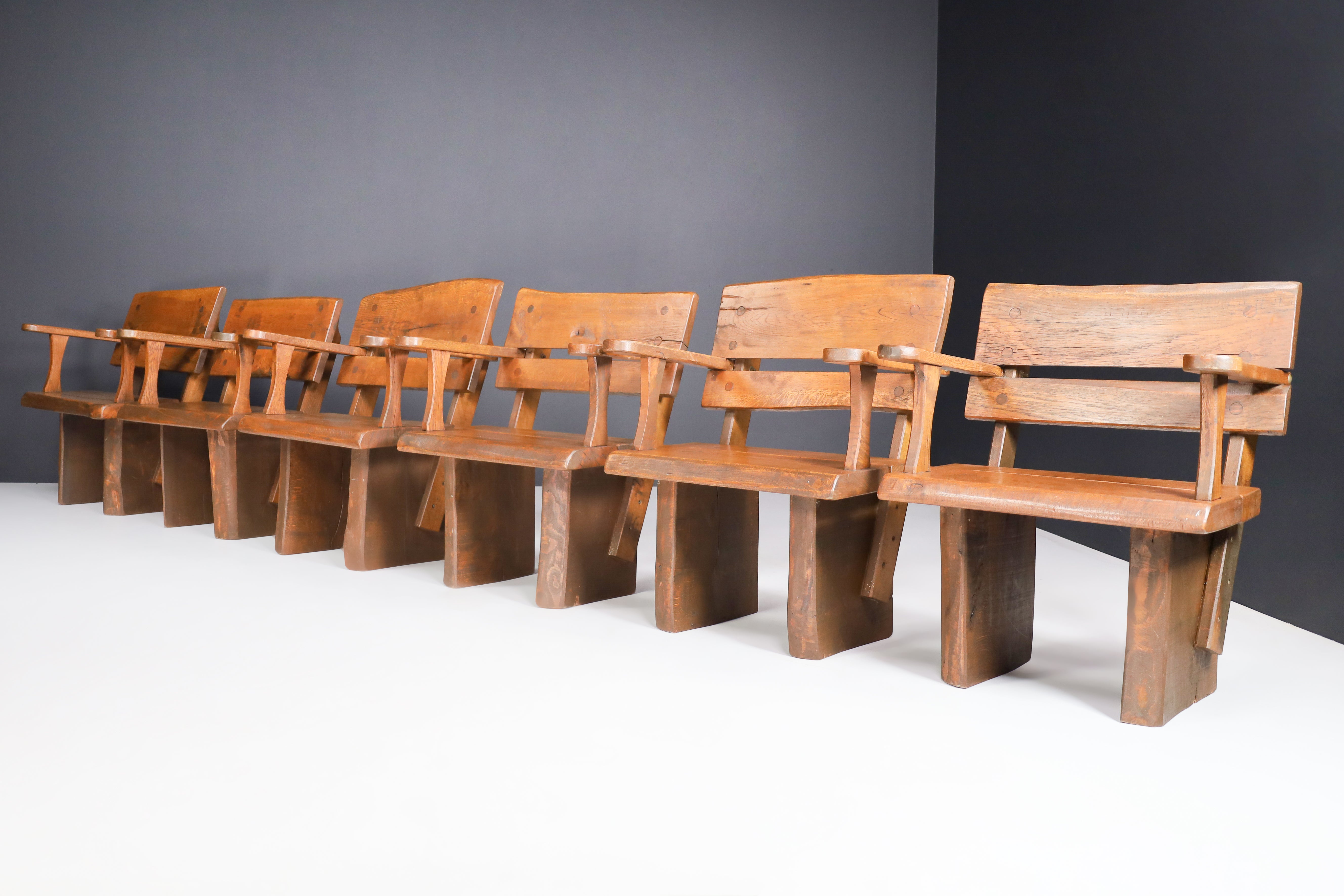 Set of six Brutalist sculptural arm chairs in oak, France, 1960s.

Set of six brutalist sculptural armchairs, these chairs are made of French oak and sculpturally crafted by hand in France in the 1960s. The craftsmanship is still visible; they are