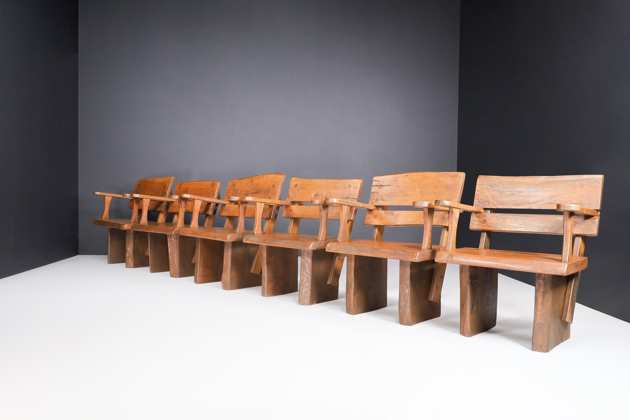 French Brutalist Sculptural Arm Chairs in Solid Oak, France, 1960s