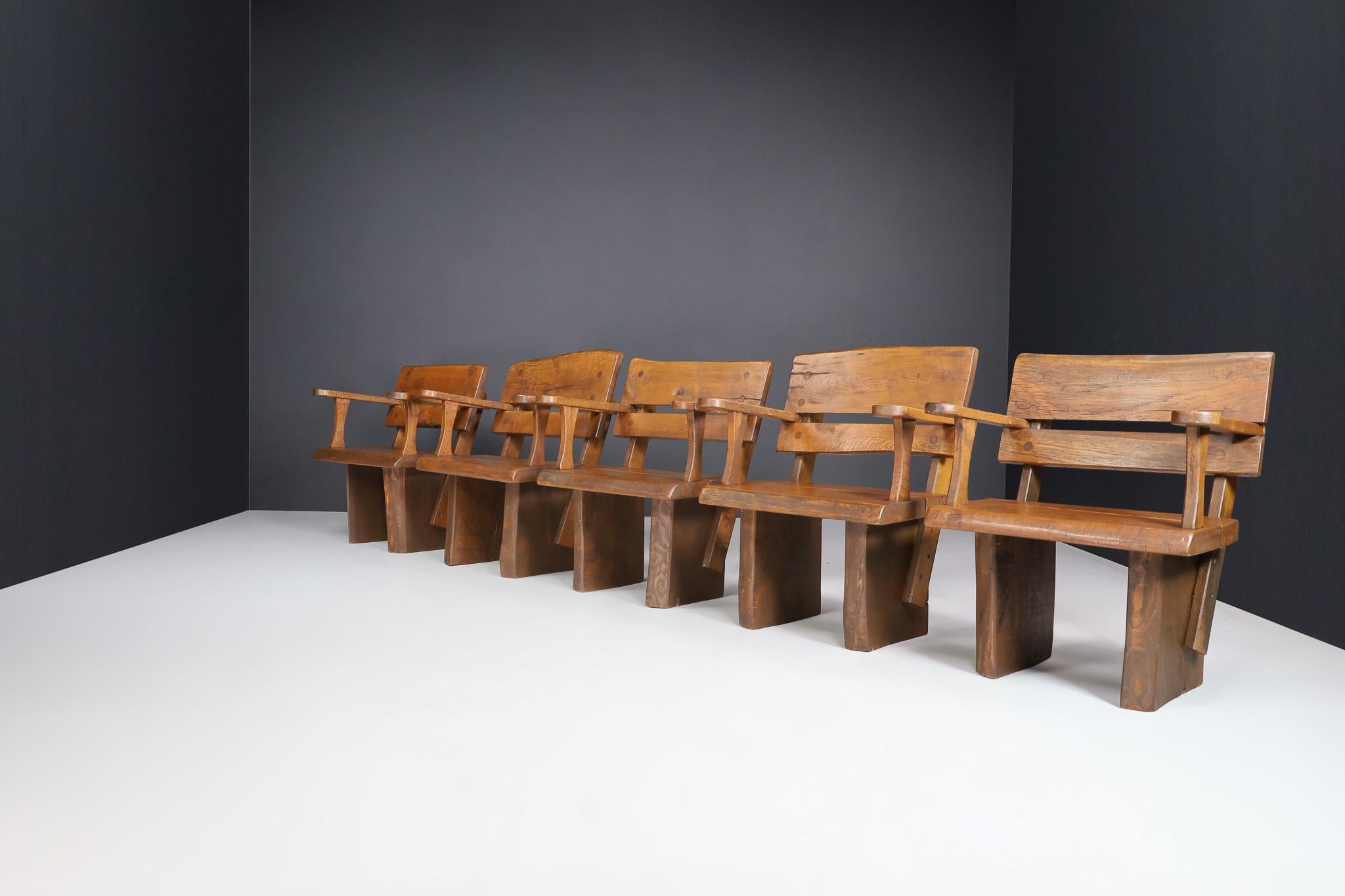 Brutalist Sculptural Arm Chairs in Solid Oak, France, 1960s In Good Condition In Almelo, NL