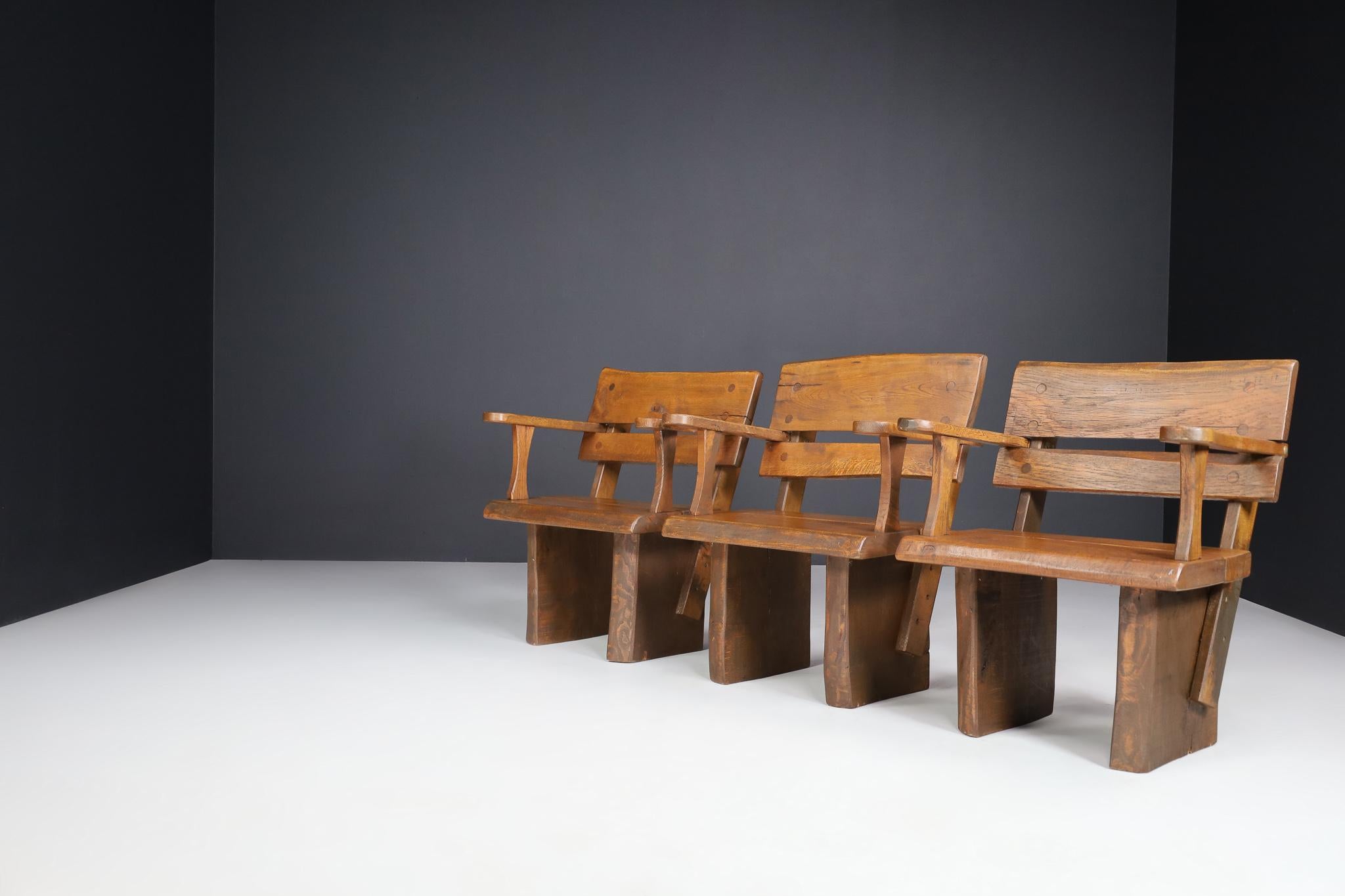 Mid-20th Century Brutalist Sculptural Arm Chairs in Solid Oak, France, 1960s