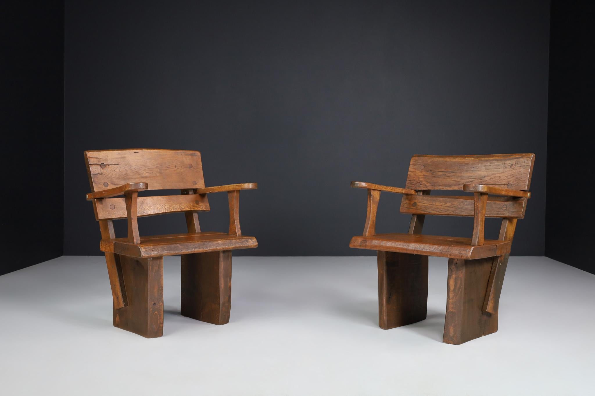 Brutalist Sculptural Arm Chairs in Solid Oak, France, 1960s 4
