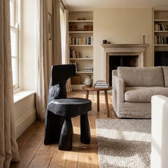 Brutalist Sculptural Chair, Carved, Solid Wood, Oak, Black, Rustic, Logniture