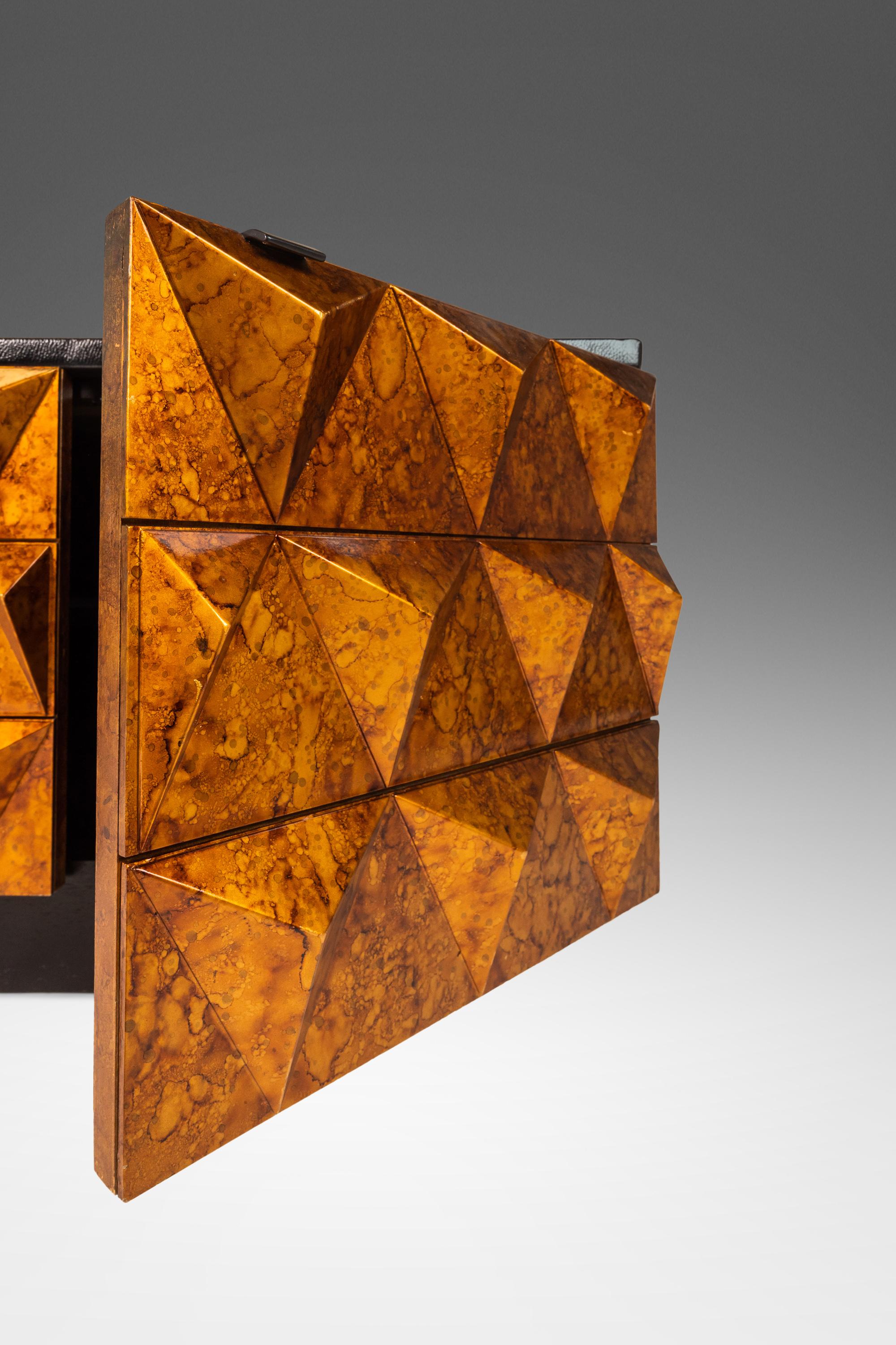 Brutalist Sculptural Diamond Faced Credenza / Sideboard With Leather Top, 1970's 5