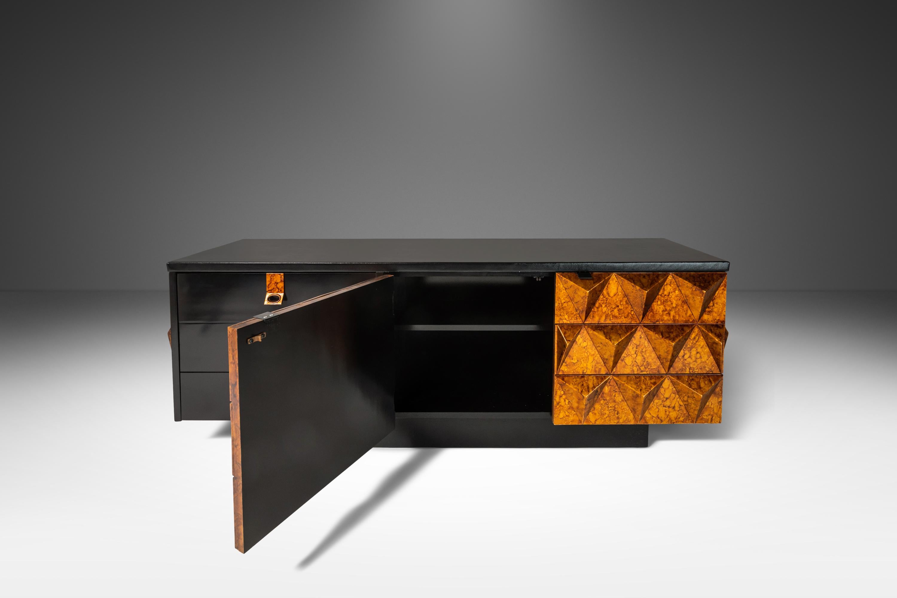 Brutalist Sculptural Diamond Faced Credenza / Sideboard With Leather Top, 1970's 7