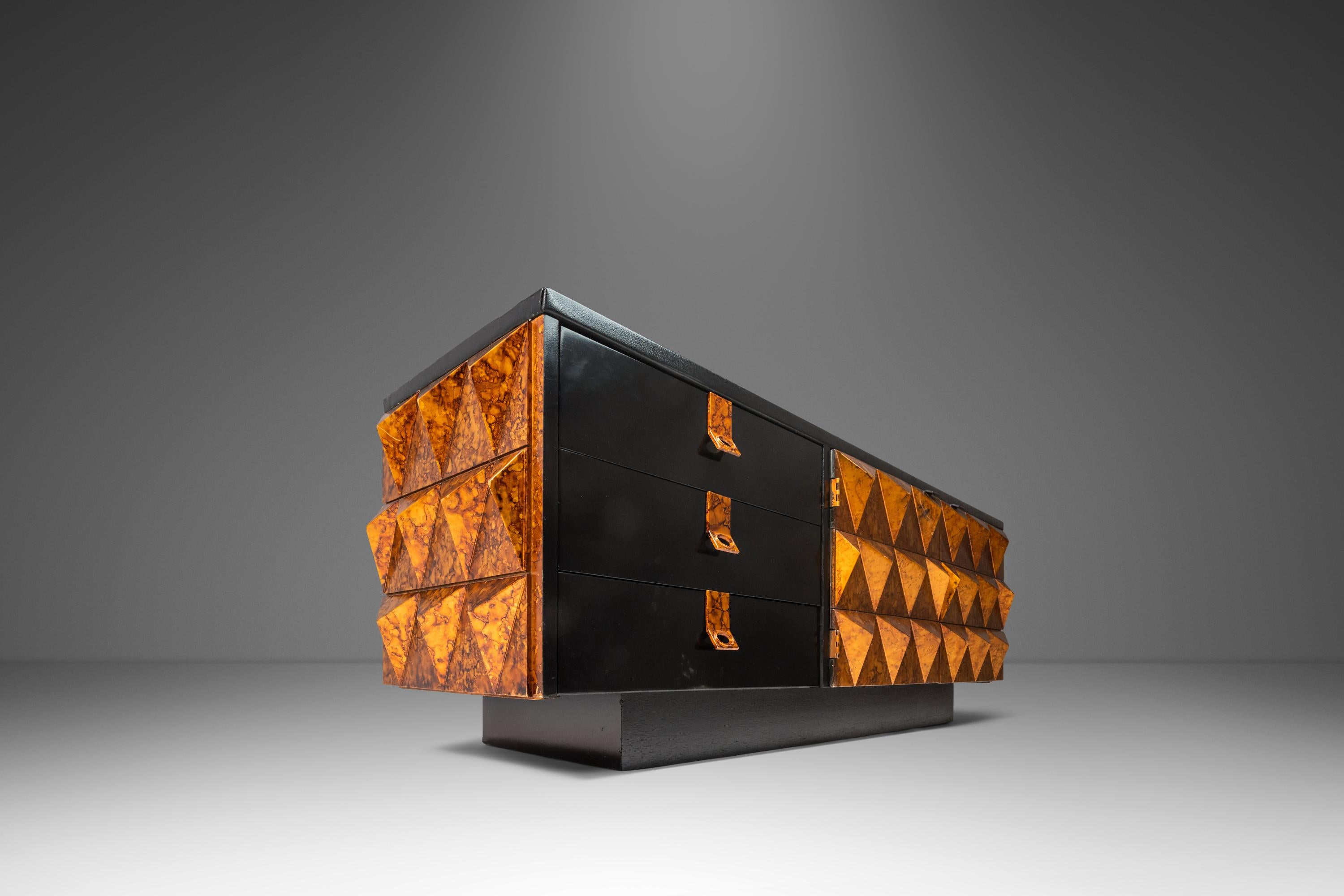Brutalist Sculptural Diamond Faced Credenza / Sideboard With Leather Top, 1970's 8