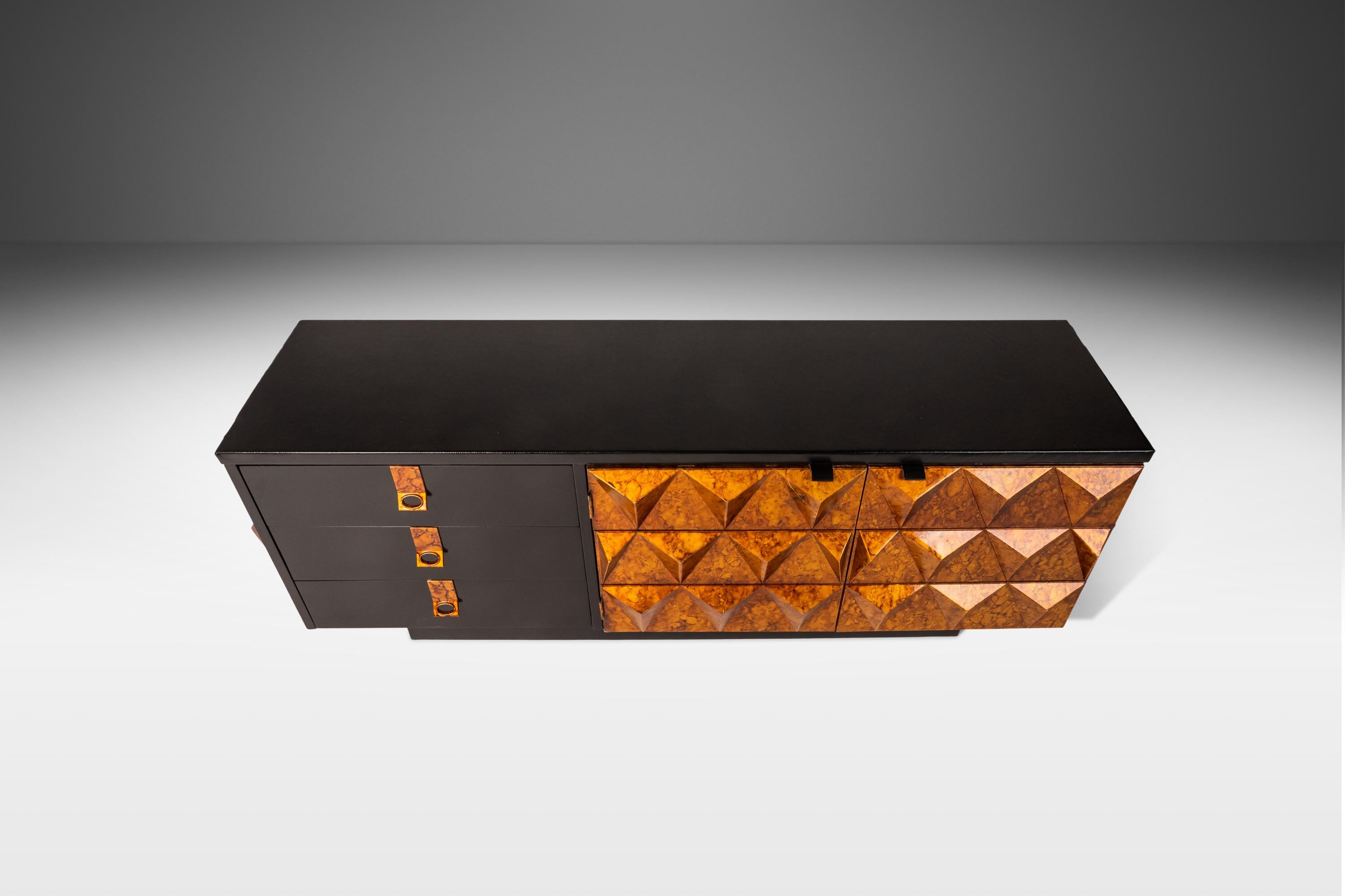 Brutalist Sculptural Diamond Faced Credenza / Sideboard With Leather Top, 1970's 10