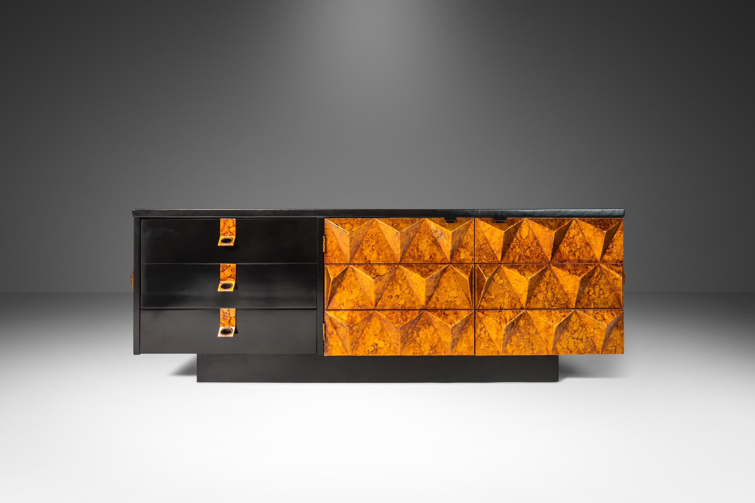 American Brutalist Sculptural Diamond Faced Credenza / Sideboard With Leather Top, 1970's