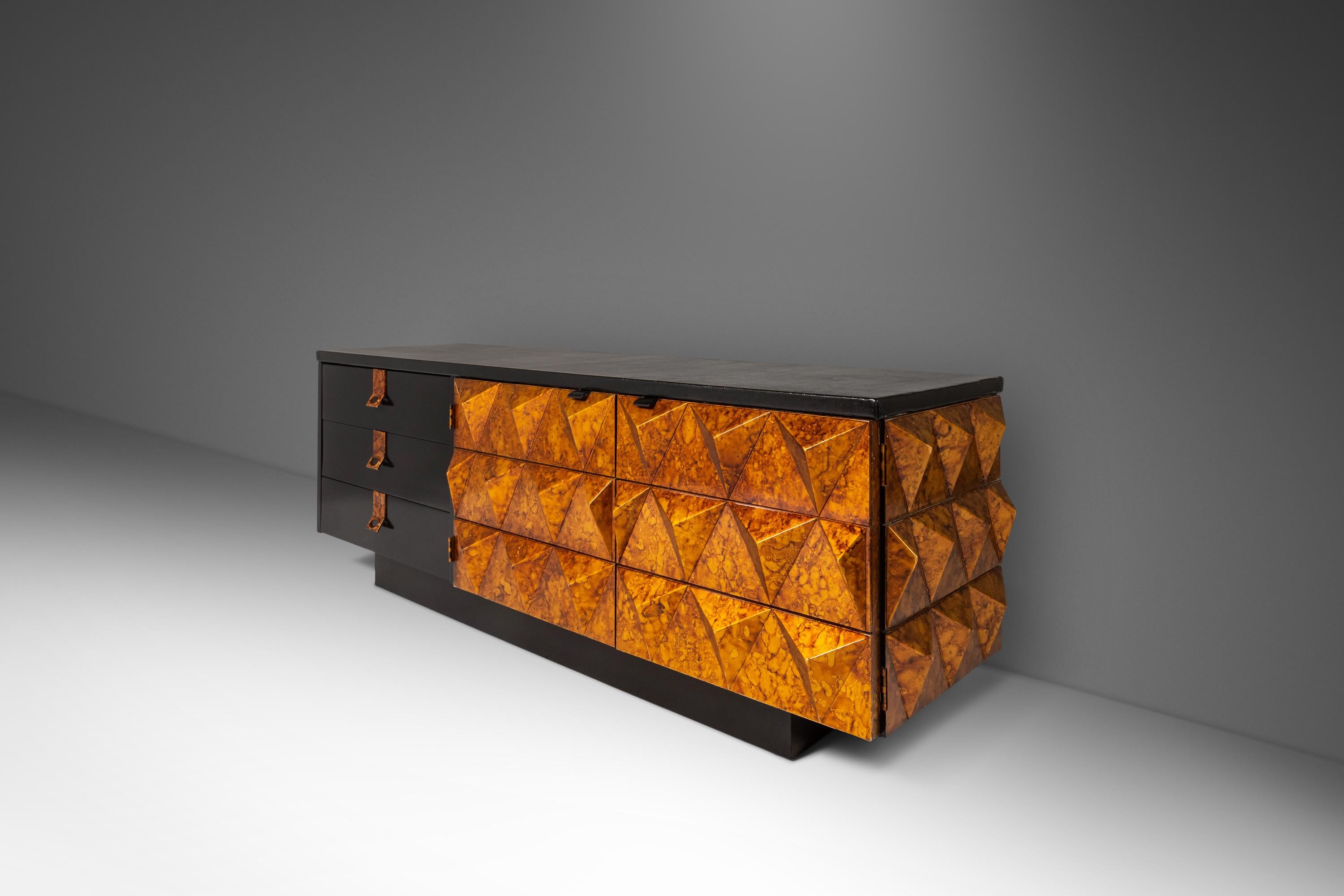 Brutalist Sculptural Diamond Faced Credenza / Sideboard With Leather Top, 1970's In Good Condition In Deland, FL