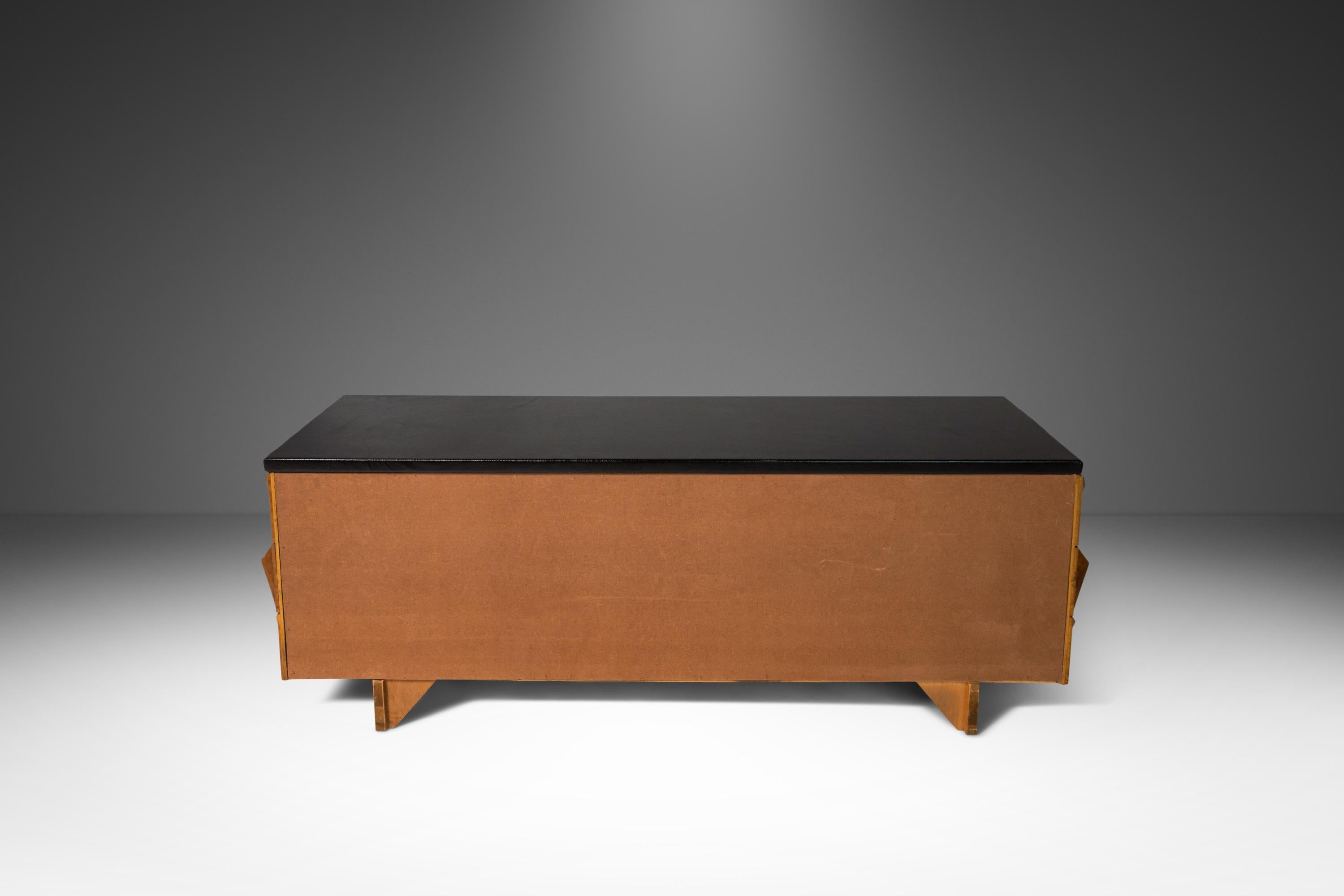 Brutalist Sculptural Diamond Faced Credenza / Sideboard With Leather Top, 1970's 1