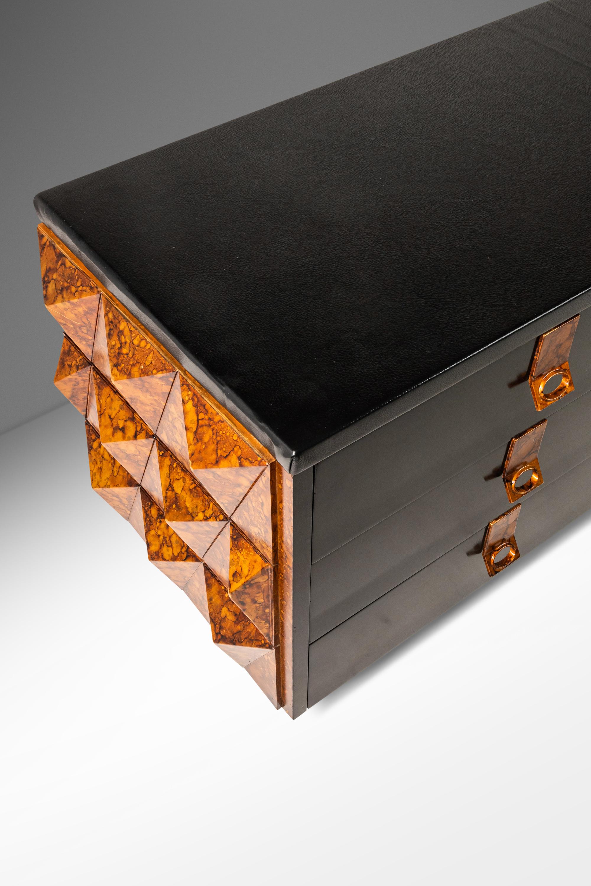 Brutalist Sculptural Diamond Faced Credenza / Sideboard With Leather Top, 1970's 2