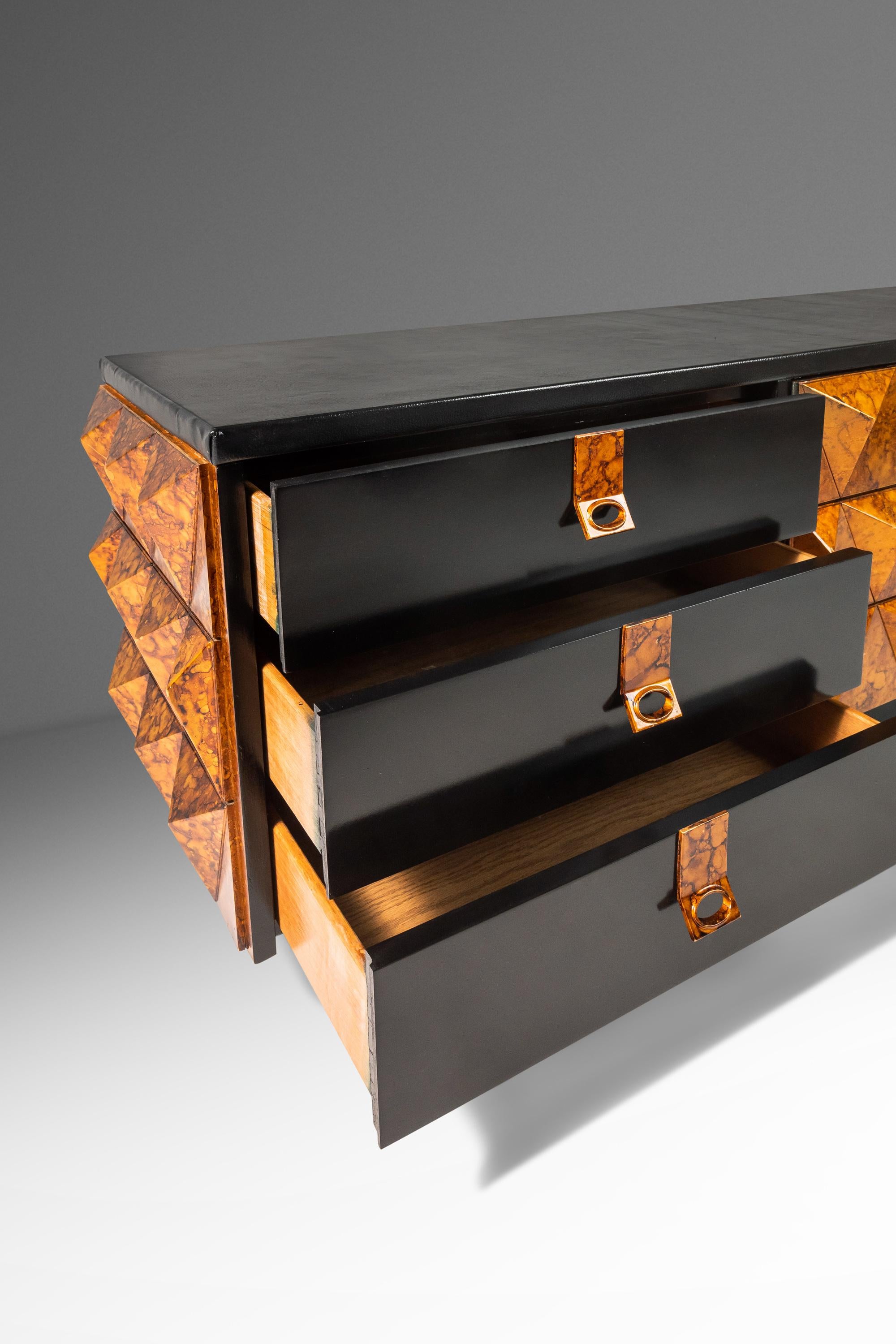Brutalist Sculptural Diamond Faced Credenza / Sideboard With Leather Top, 1970's 4