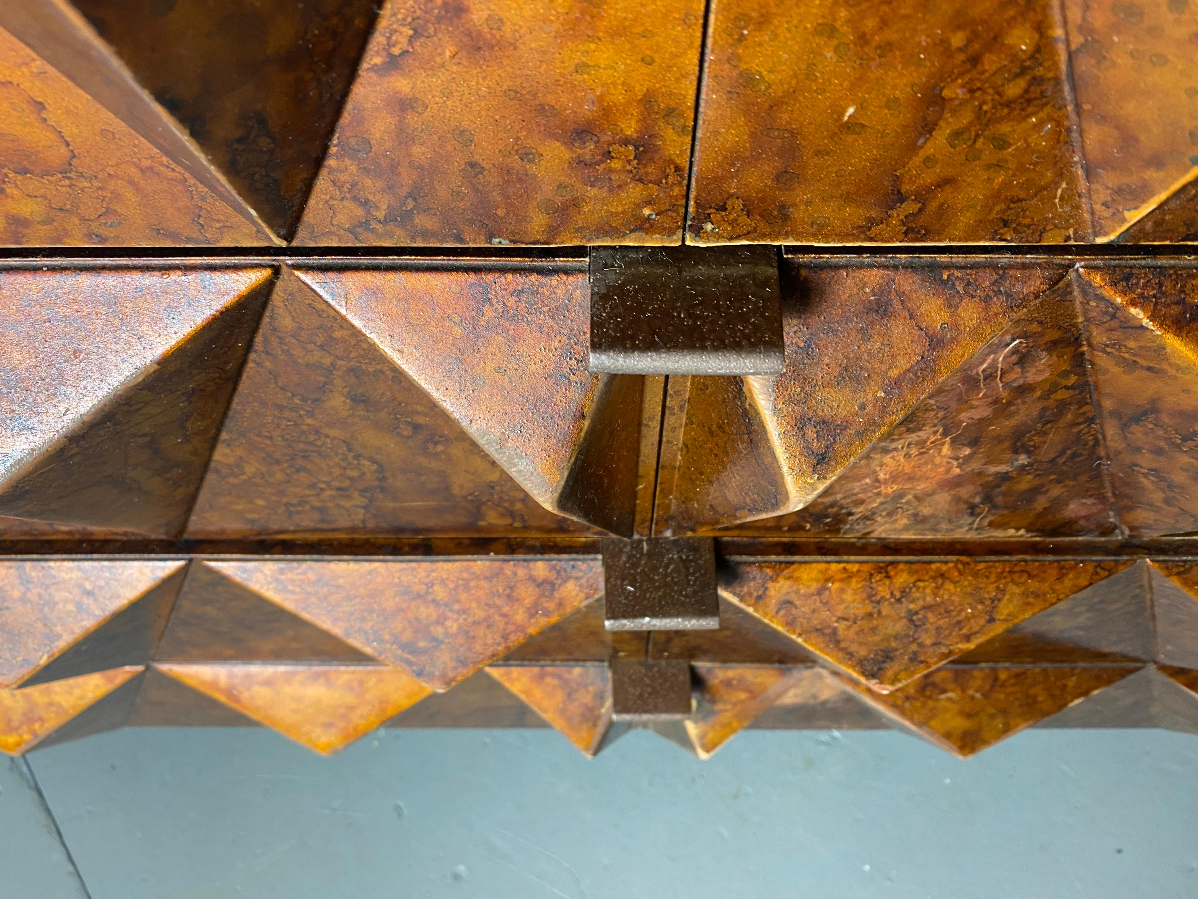 Brutalist Sculptural Diamond Front and Sides, Dresser, Credenza, Faux Tortoise 4