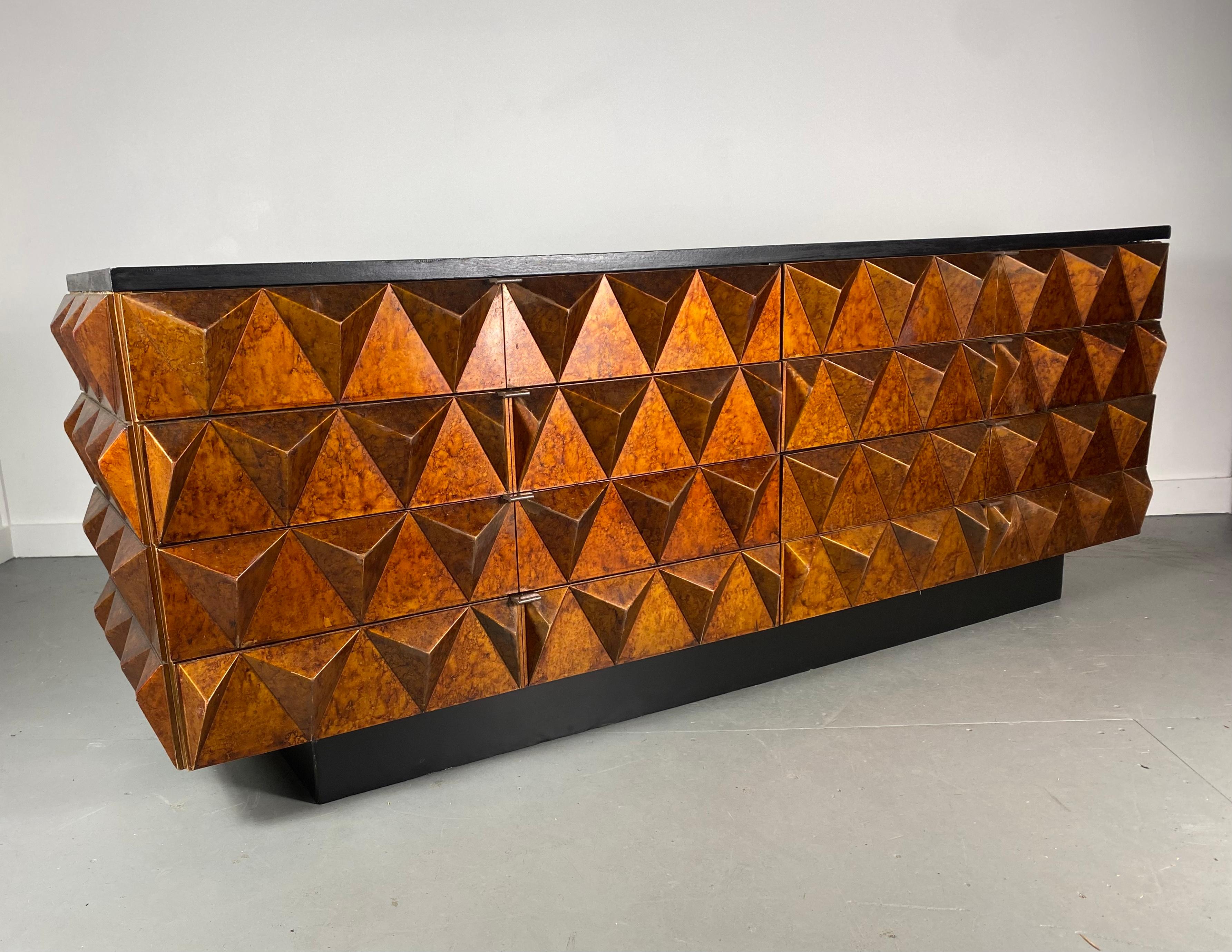 Brutalist sculptural diamond front and sides, dresser, credenza, console table. Faux tortoise, oil spot finish, Truly stunning in person, very unusual design,Cabinet consists of EIGHT generous size drawers.bronzed metal pulls. Black lacquer top and