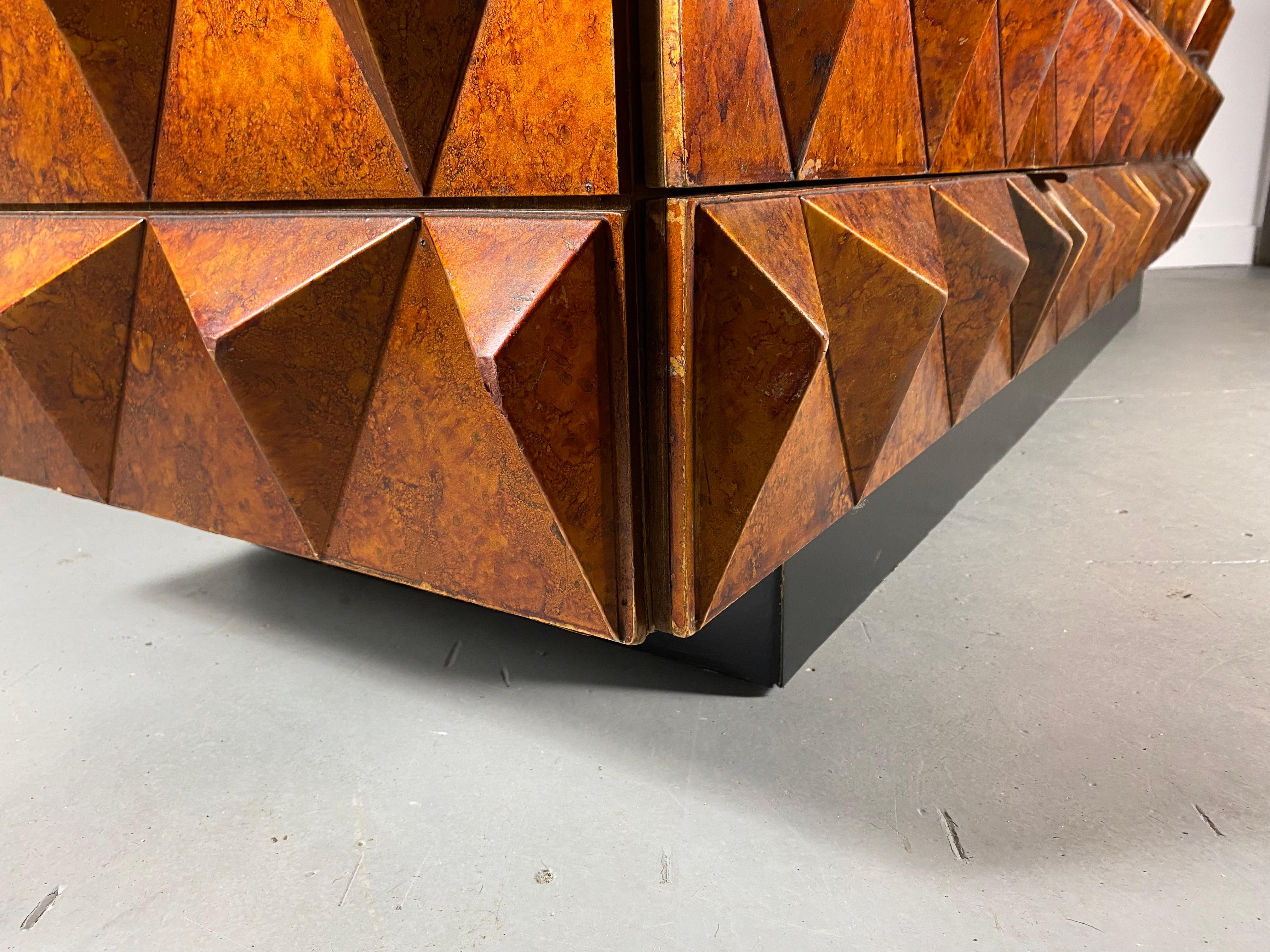 Unknown Brutalist Sculptural Diamond Front and Sides, Dresser, Credenza, Faux Tortoise