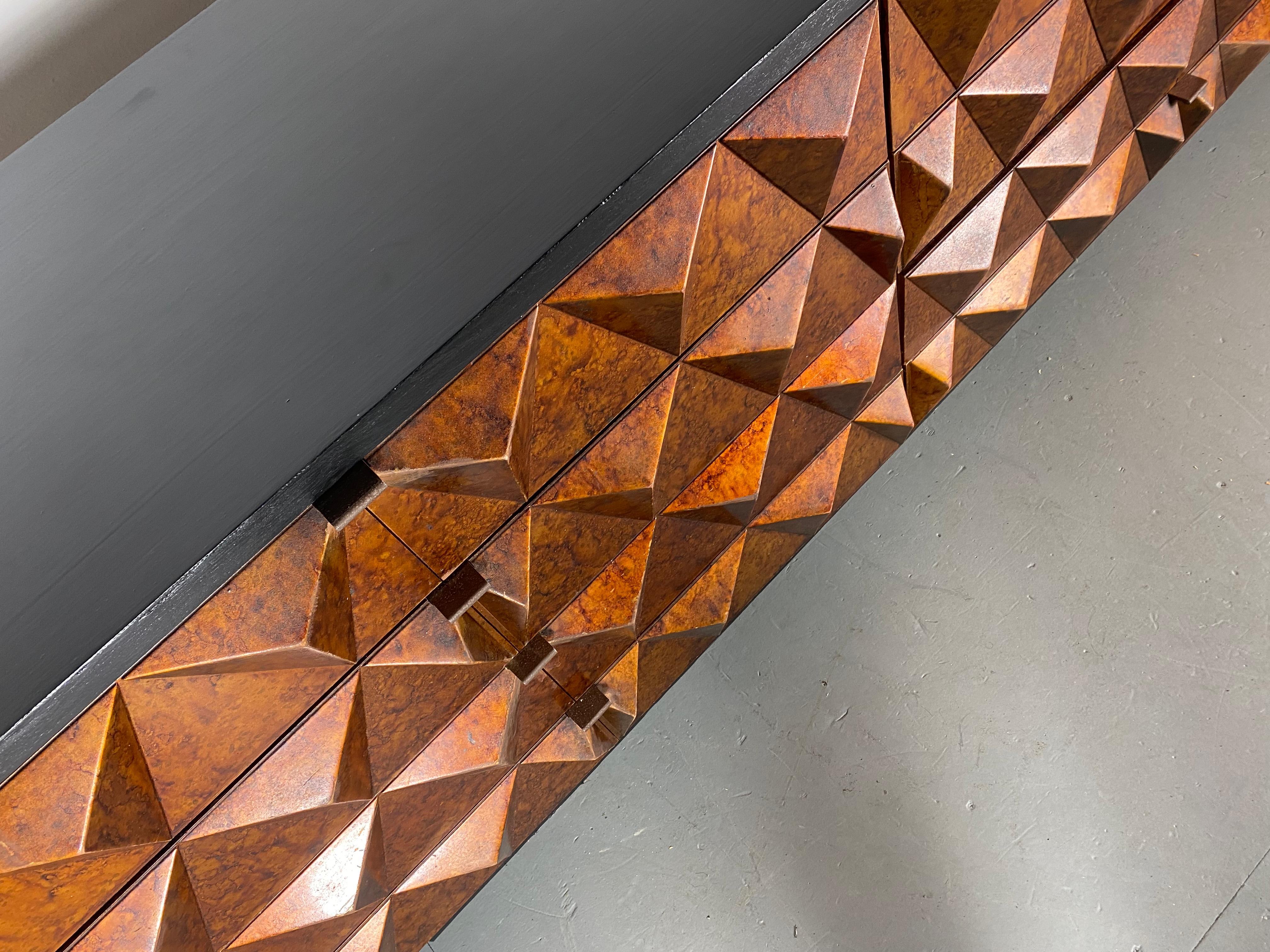 Bronzed Brutalist Sculptural Diamond Front and Sides, Dresser, Credenza, Faux Tortoise