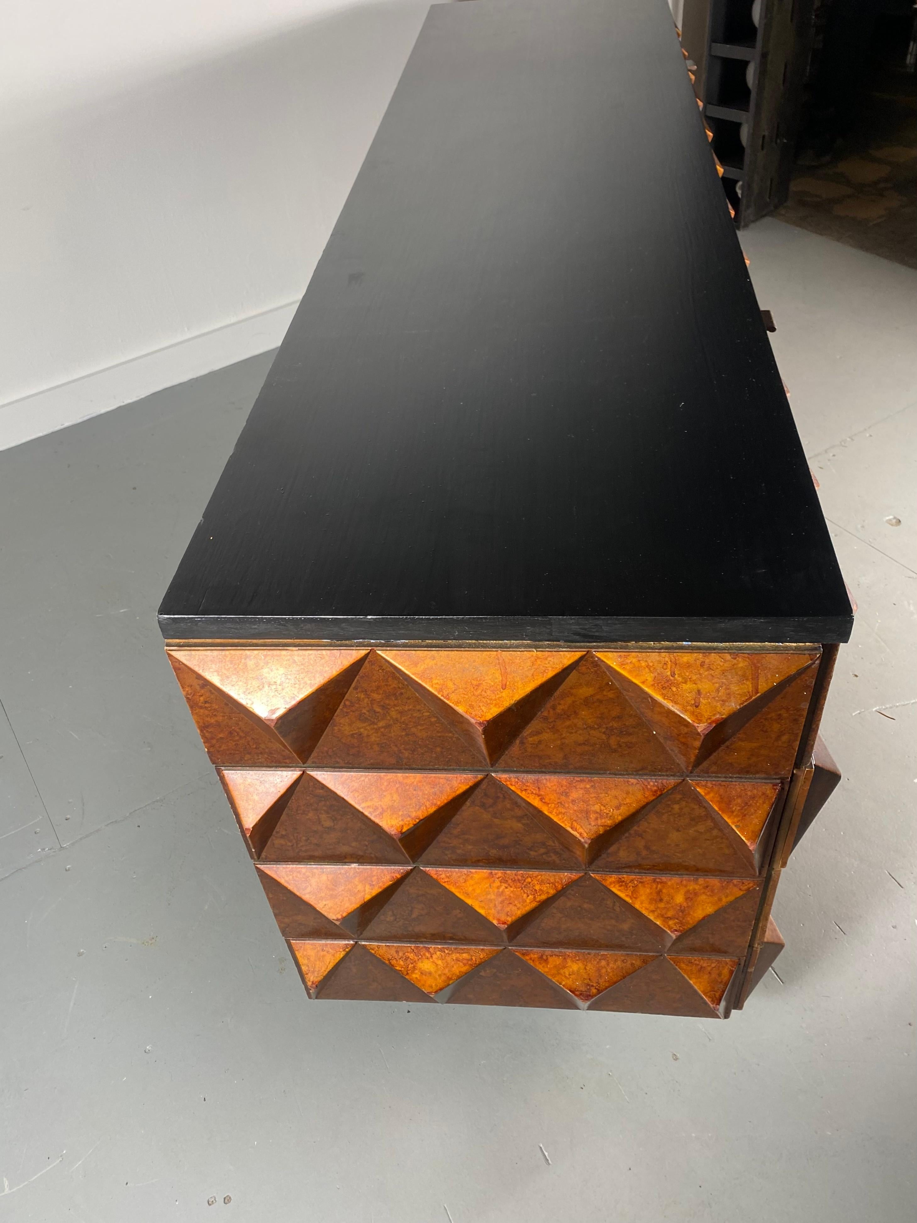 Brutalist Sculptural Diamond Front and Sides, Dresser, Credenza, Faux Tortoise In Good Condition In Buffalo, NY