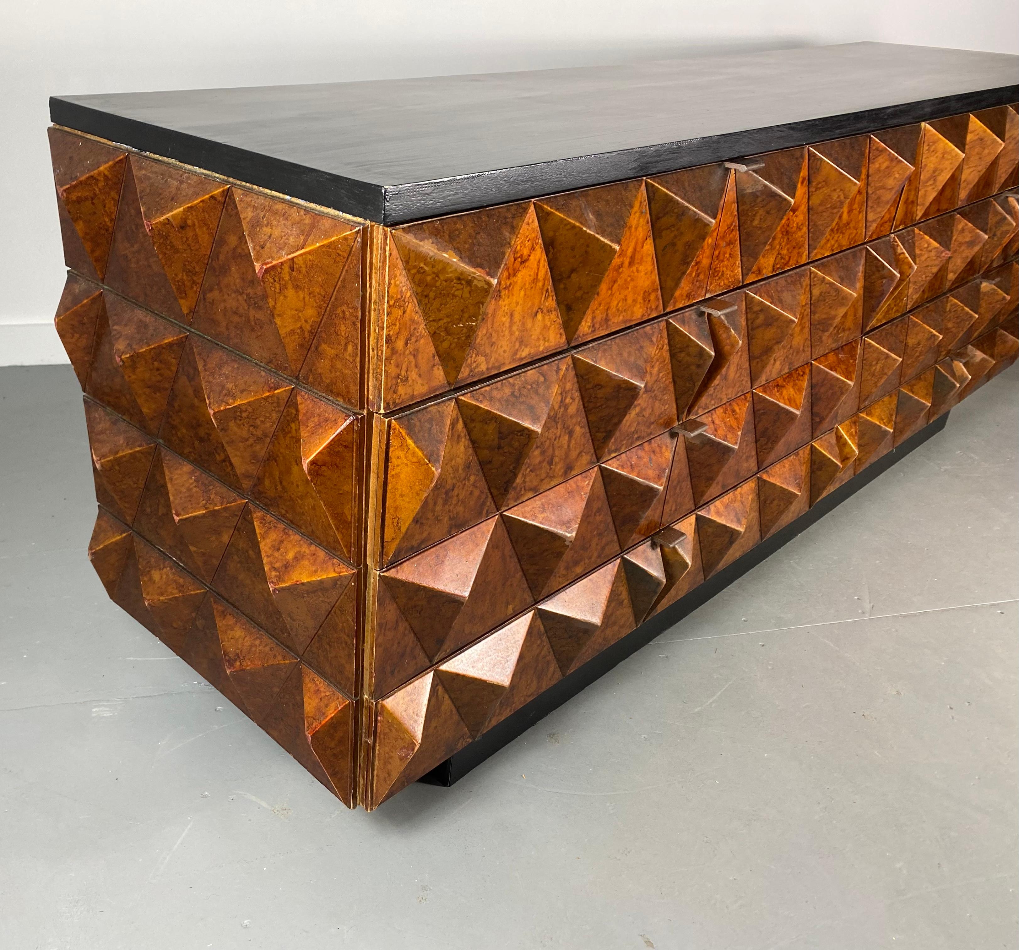 Late 20th Century Brutalist Sculptural Diamond Front and Sides, Dresser, Credenza, Faux Tortoise