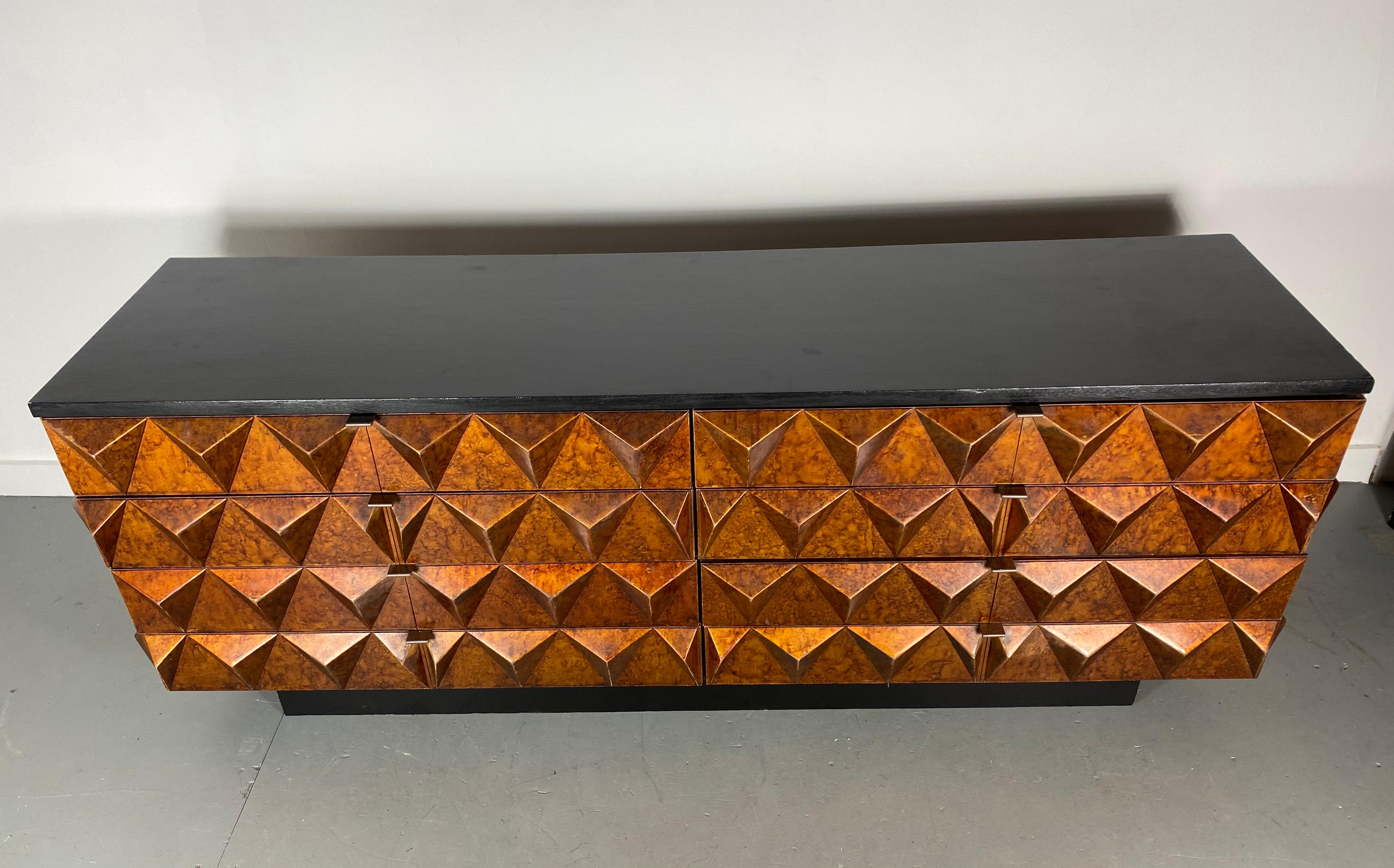 Brutalist Sculptural Diamond Front and Sides, Dresser, Credenza, Faux Tortoise 1