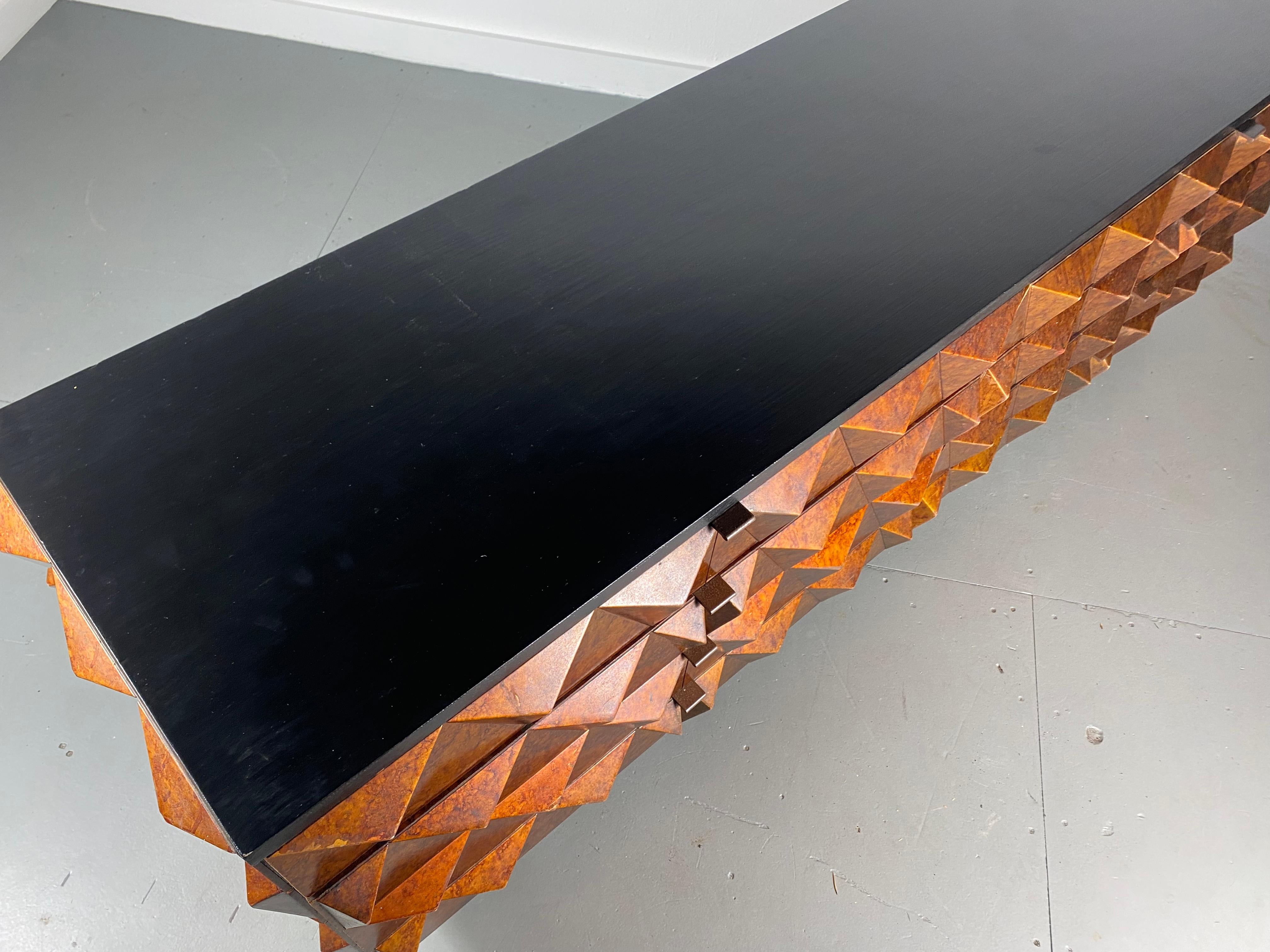 Brutalist Sculptural Diamond Front and Sides, Dresser, Credenza, Faux Tortoise 2