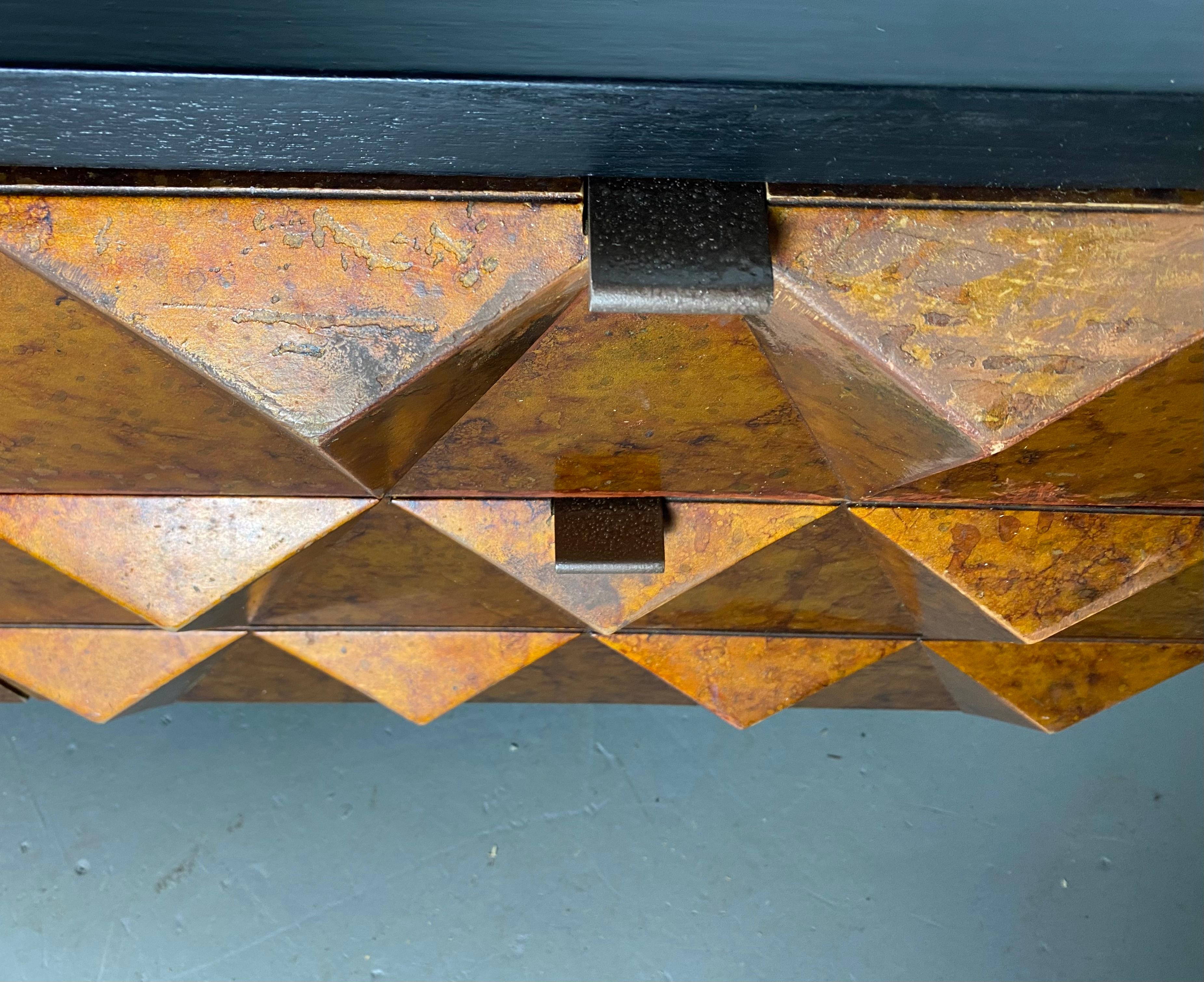 Brutalist Sculptural Diamond Front Dresser/Credenza/Console, Tortoise Oil Spot In Good Condition For Sale In Buffalo, NY