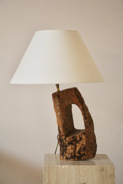 Brutalist Sculptural elm Wood Table Lamp, France, 1970s