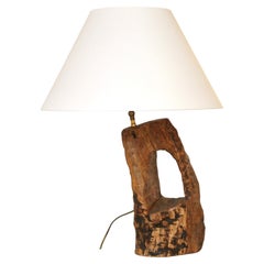 Brutalist Sculptural elm Wood Table Lamp, France, 1970s