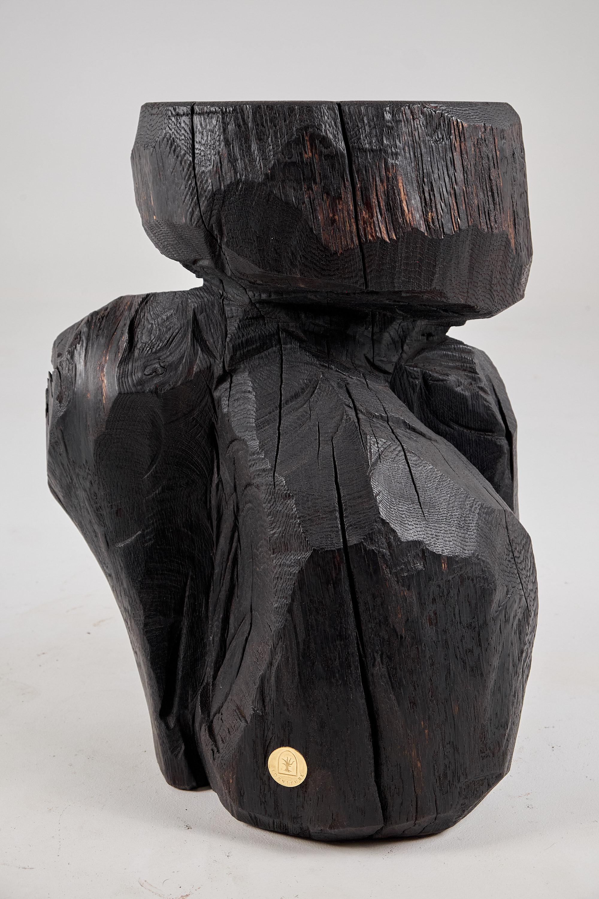 Brutalistischer skulpturaler Beistelltisch, massives gebranntes Oak Wood,  Einzigartig 1/1, Jownik (Brutalismus) im Angebot