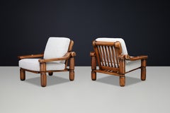 Brutalist Sculptural Solid Wood Lounge Chairs Italian Adjustable Armchairs 1970s