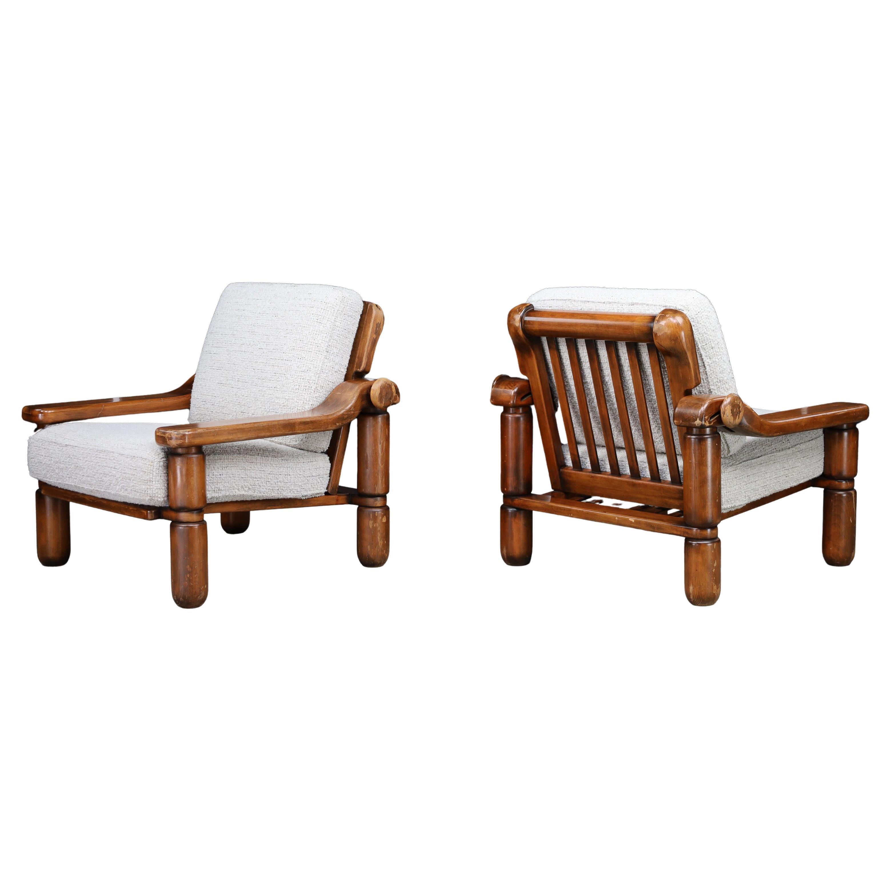 Brutalist Sculptural Solid Wood Lounge Chairs Italian Adjustable Armchairs 1970s